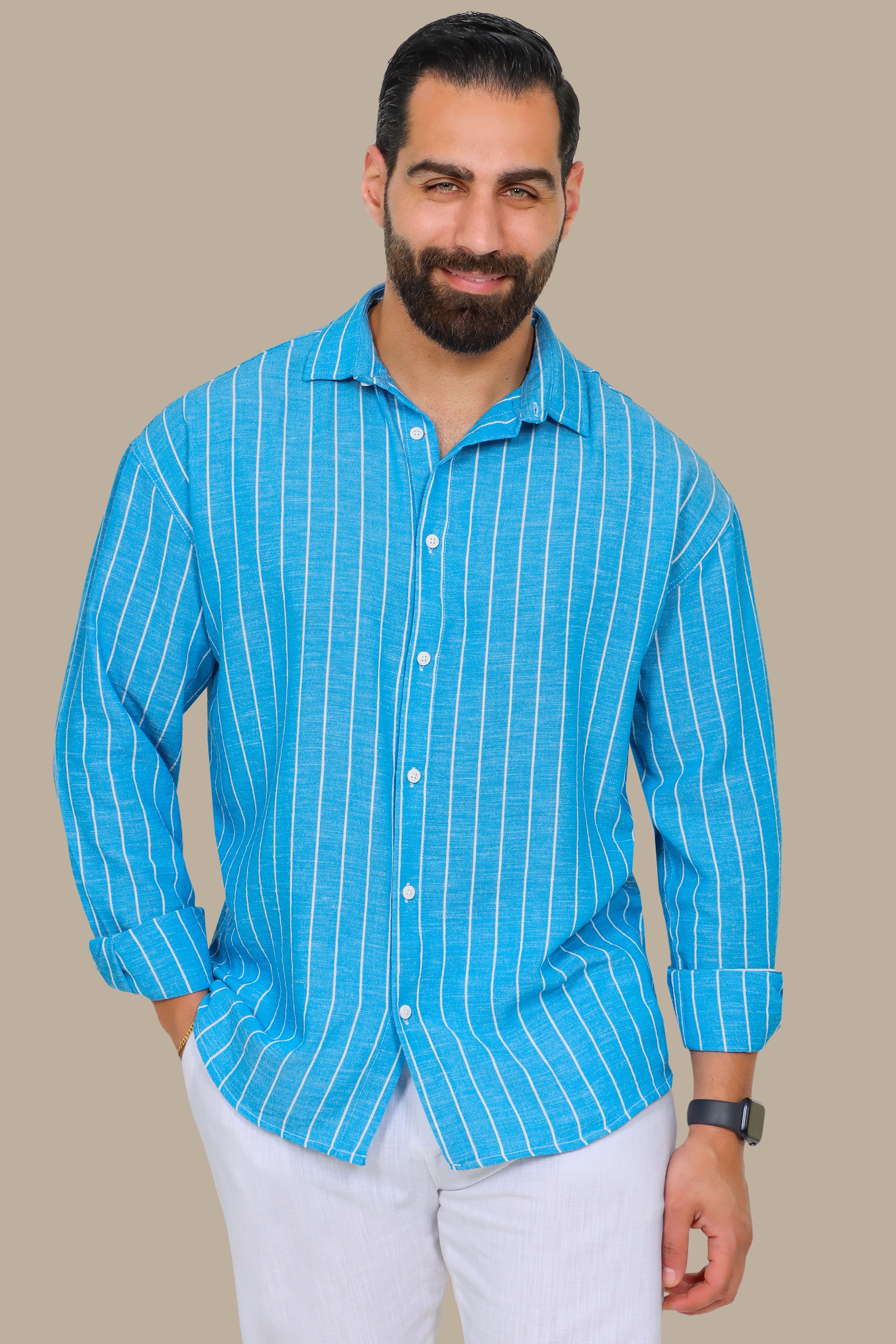Turquoise Striped Linen Shirt with Long Sleeves