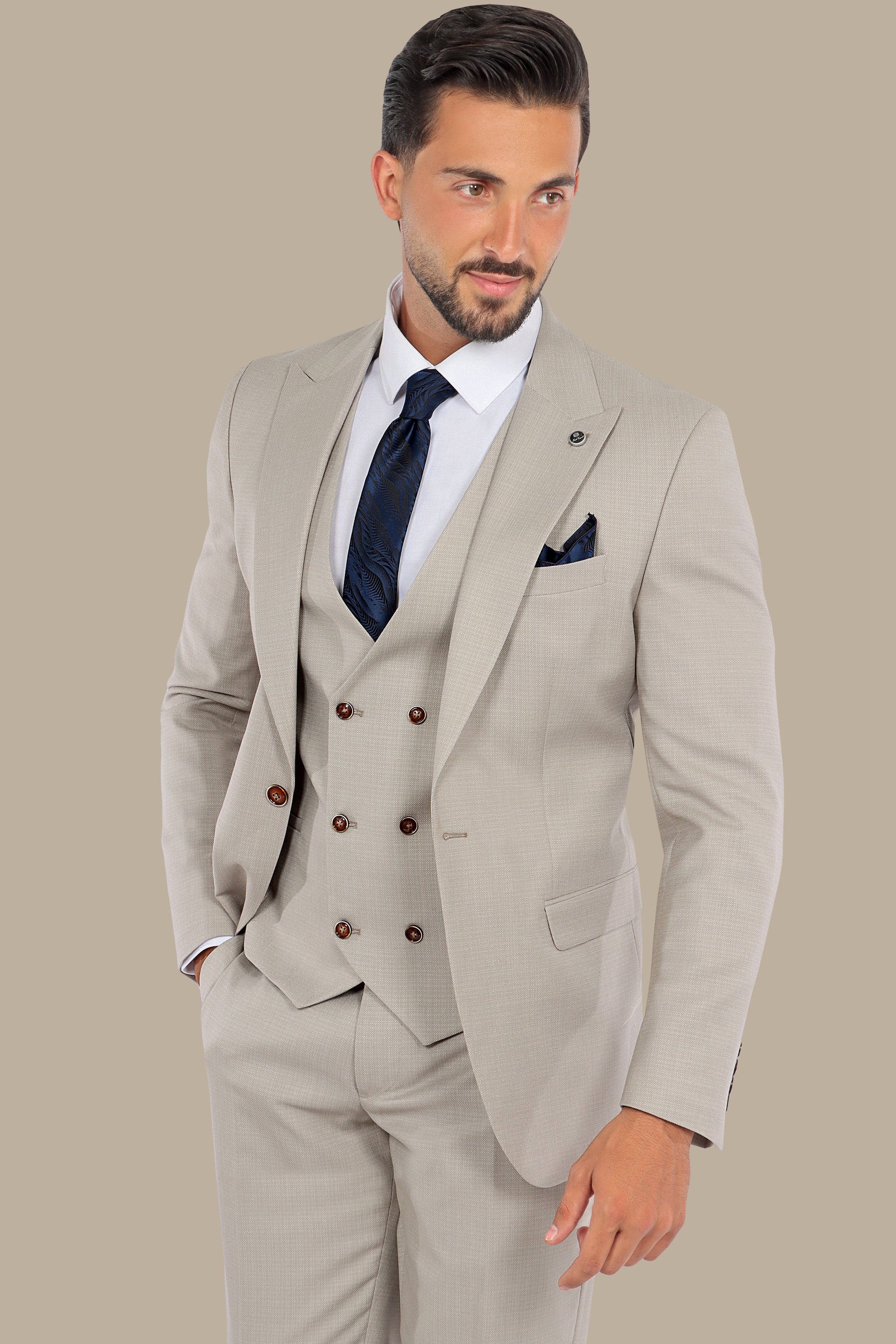 Timeless Charm: 3-Piece Beige Suit with Dots