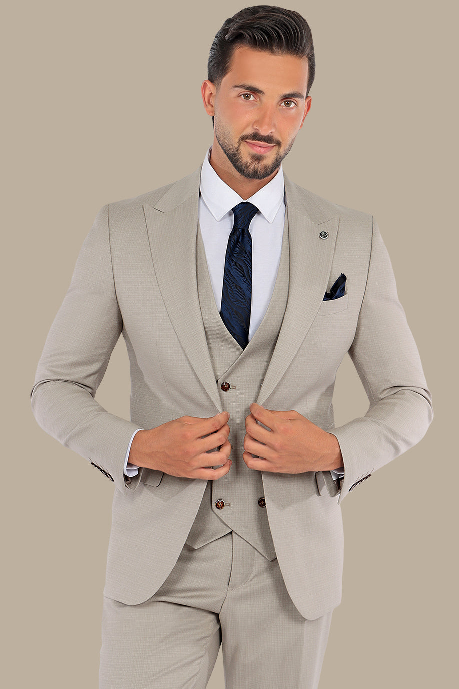 Timeless Charm: 3-Piece Beige Suit with Dots