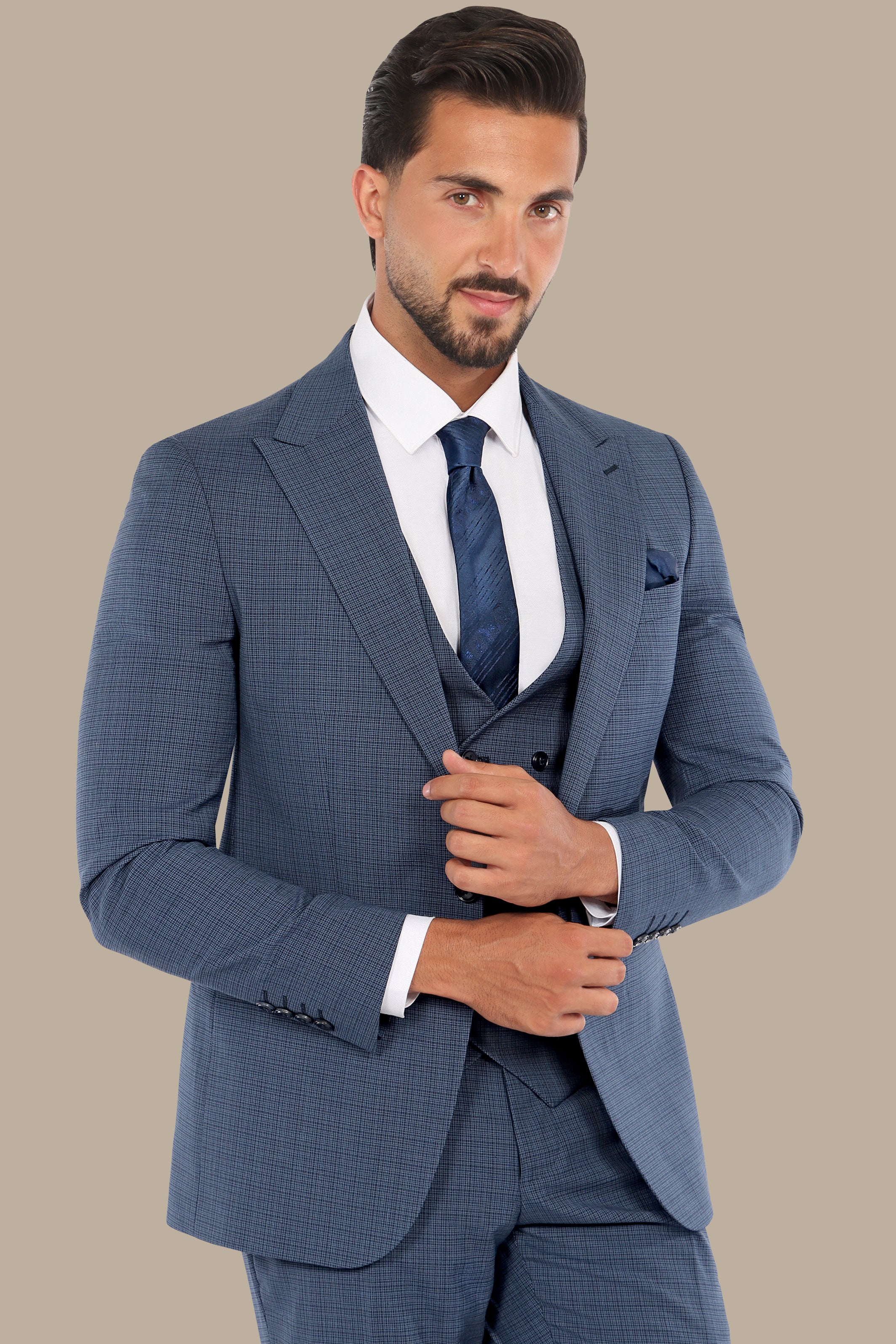 Blue Checked Sophistication: The Peak Lapel 3-Piece Suit