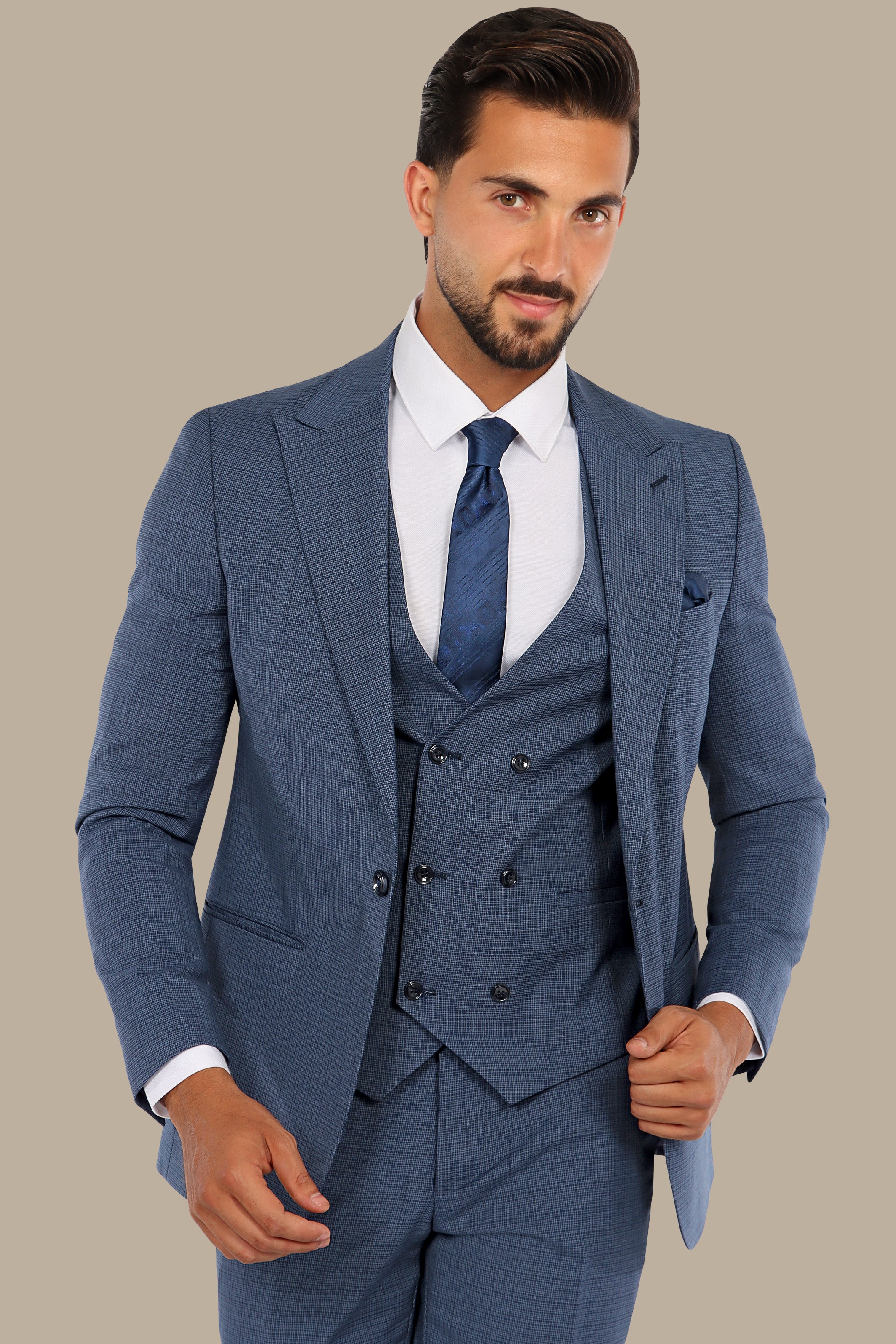 Blue Checked Sophistication: The Peak Lapel 3-Piece Suit