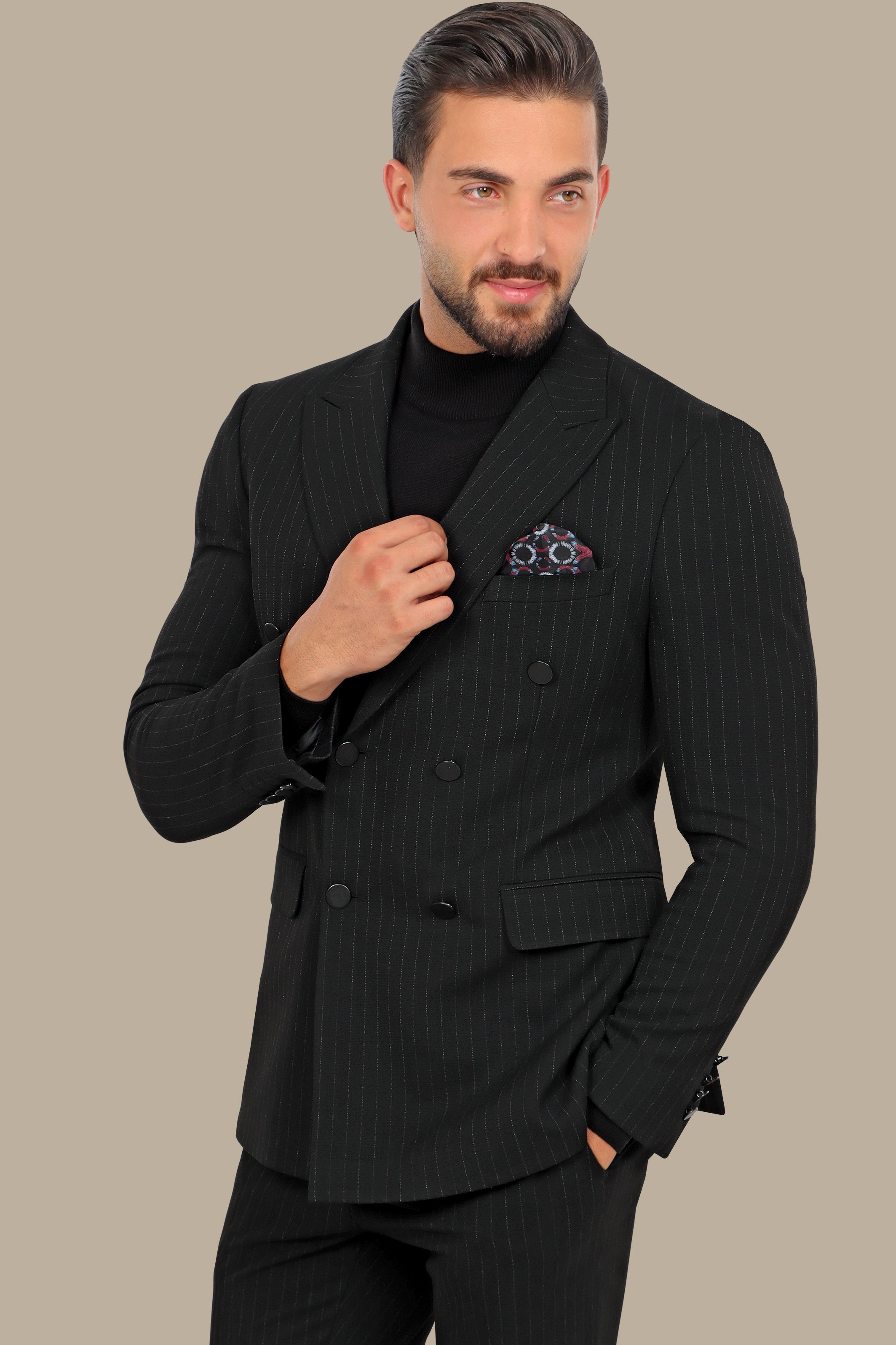 Classic Elegance: Black Double-Breasted Suit with Timeless Stripes