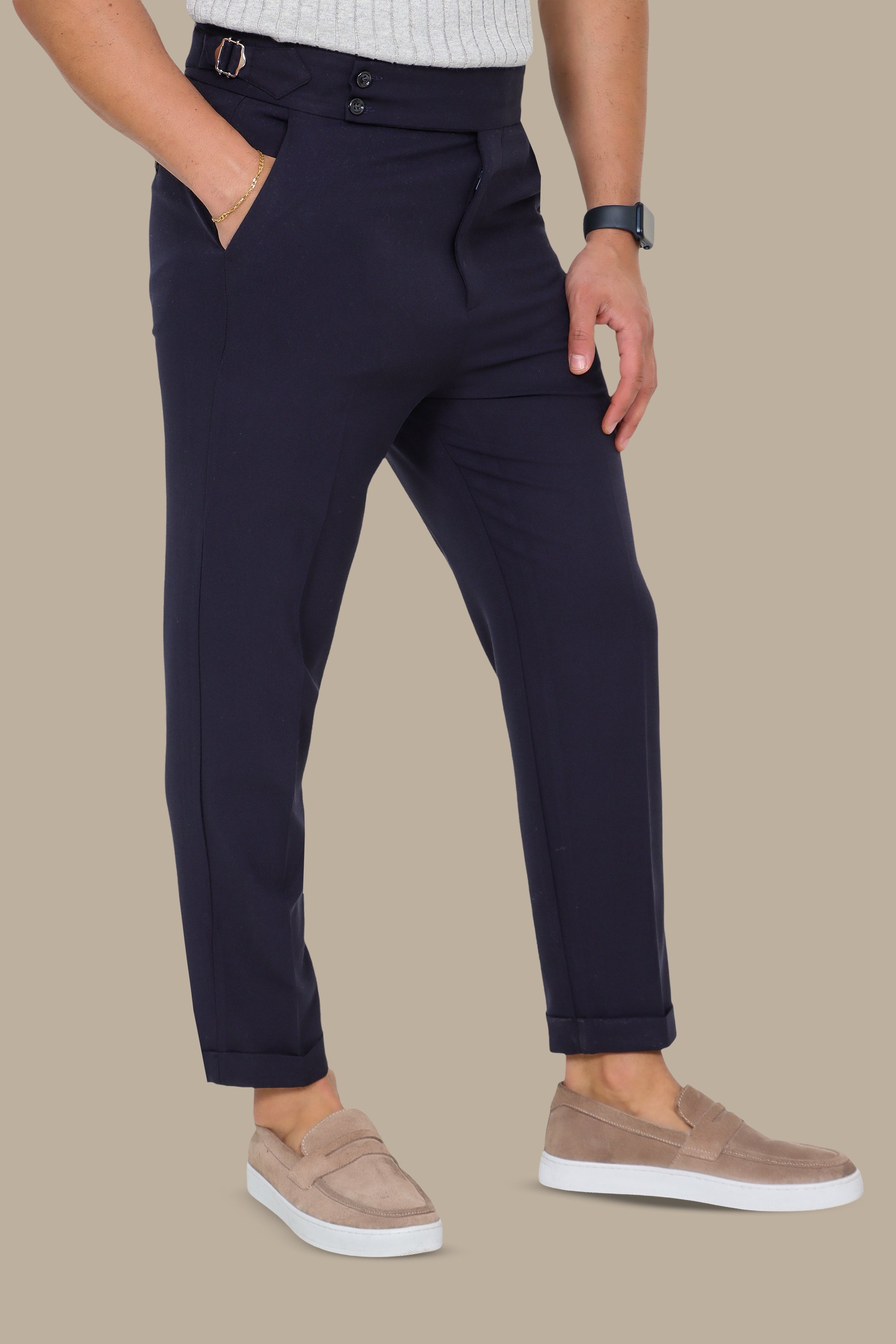 Navy Slim-Fit Pants with Wide Waistband and Double Button