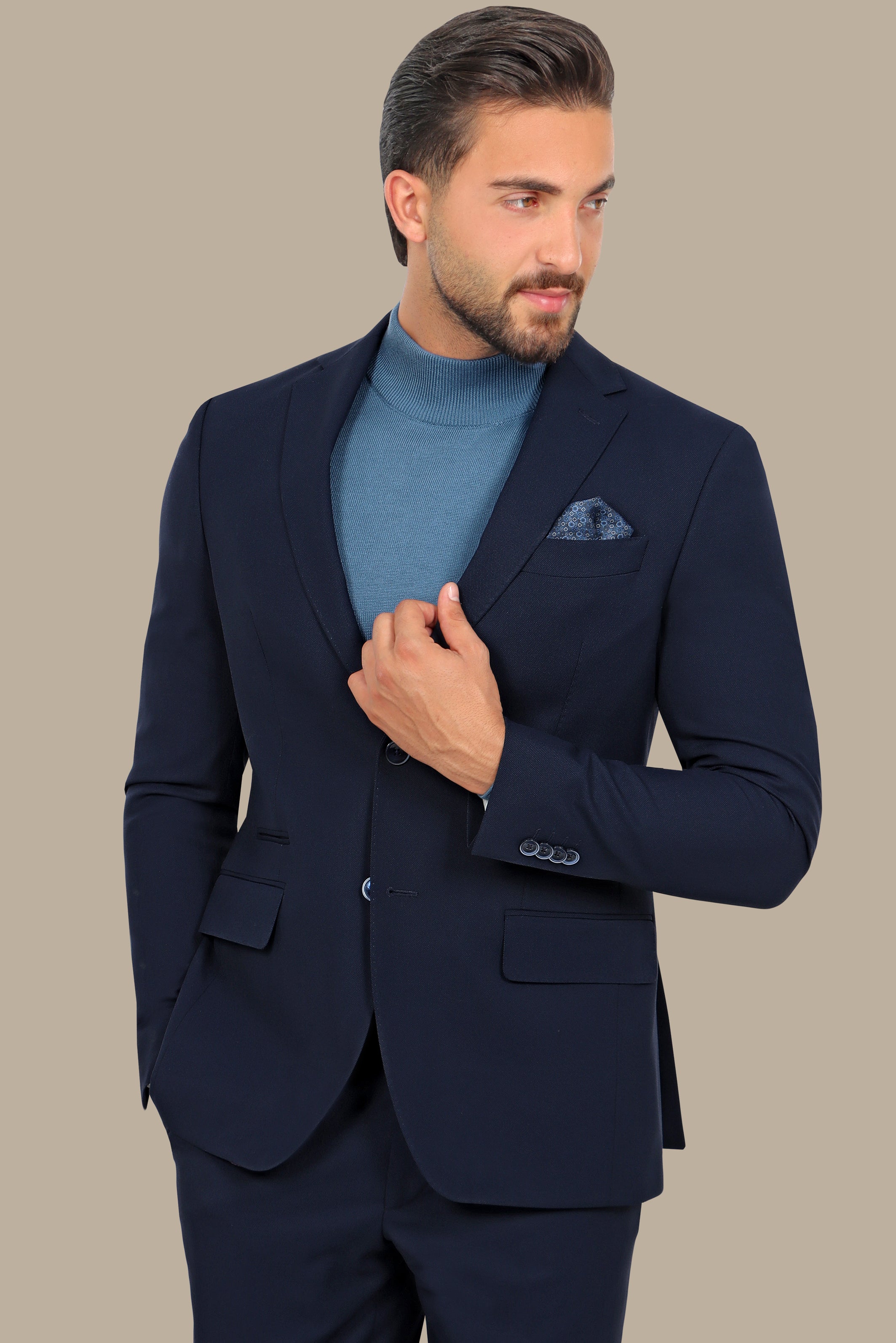 Navy Piqué Notch Lapel Suit - Classic Elegance