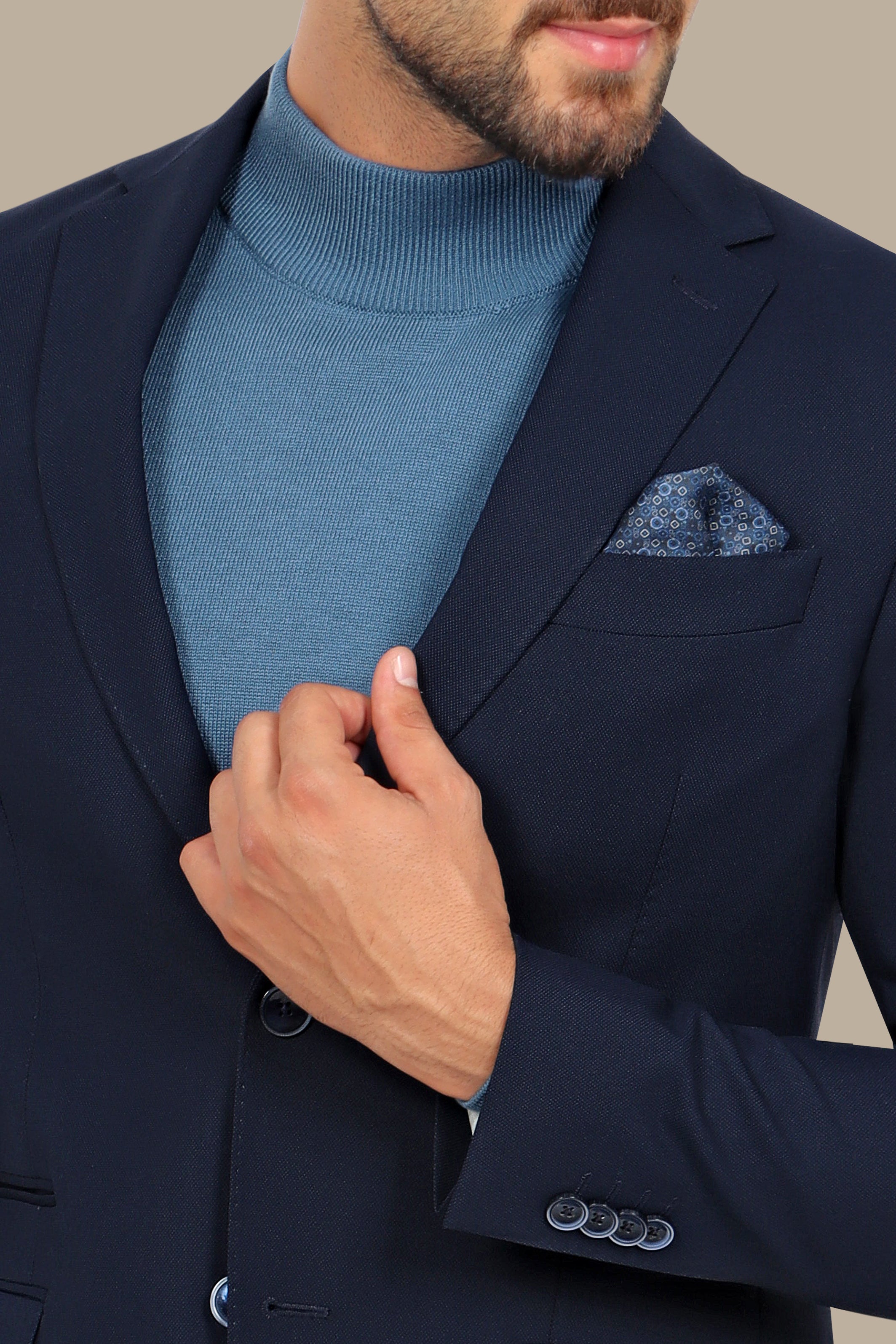 Navy Piqué Notch Lapel Suit - Classic Elegance