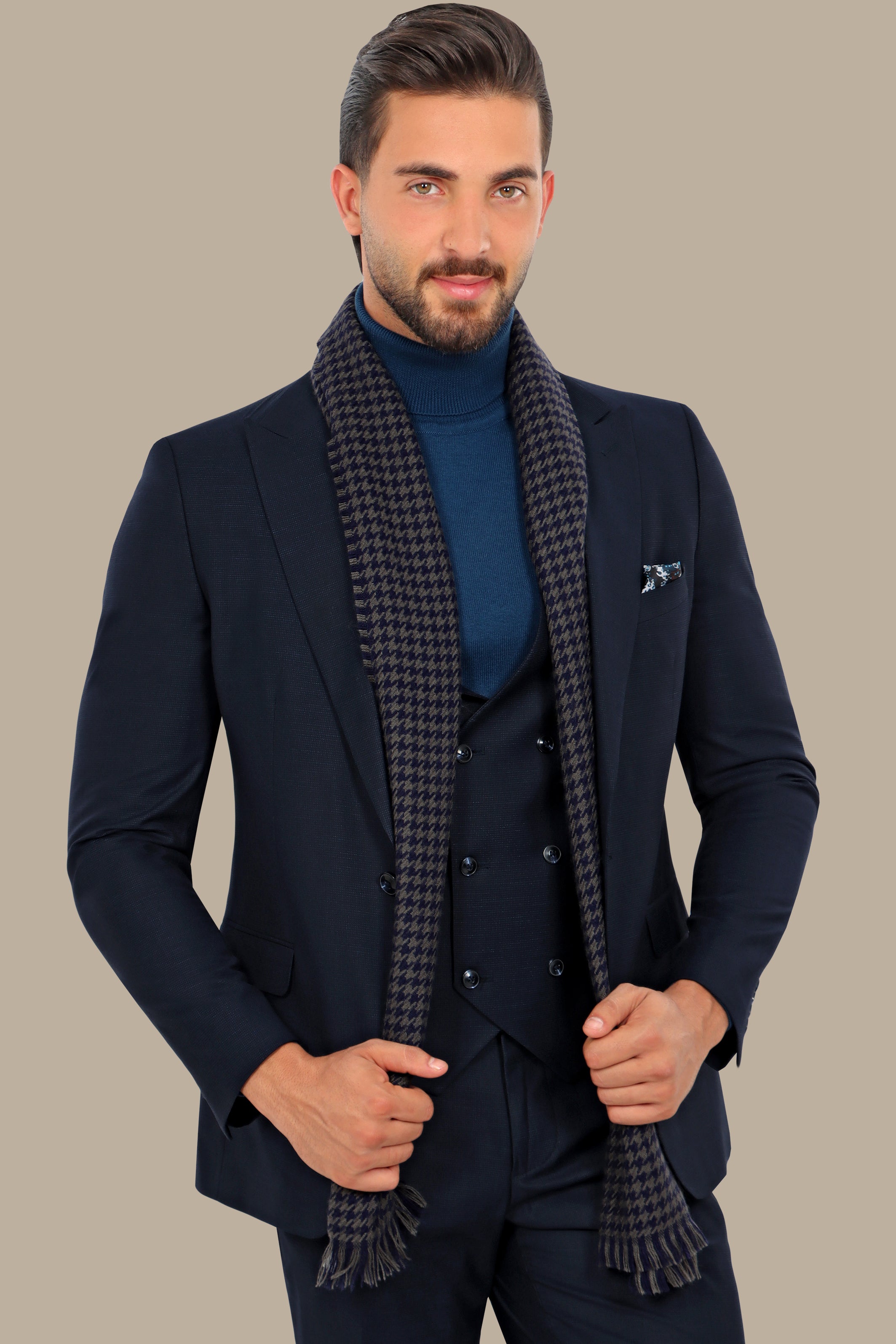 Navy Checkered Elegance: The Peak Lapel 3-Piece Suit