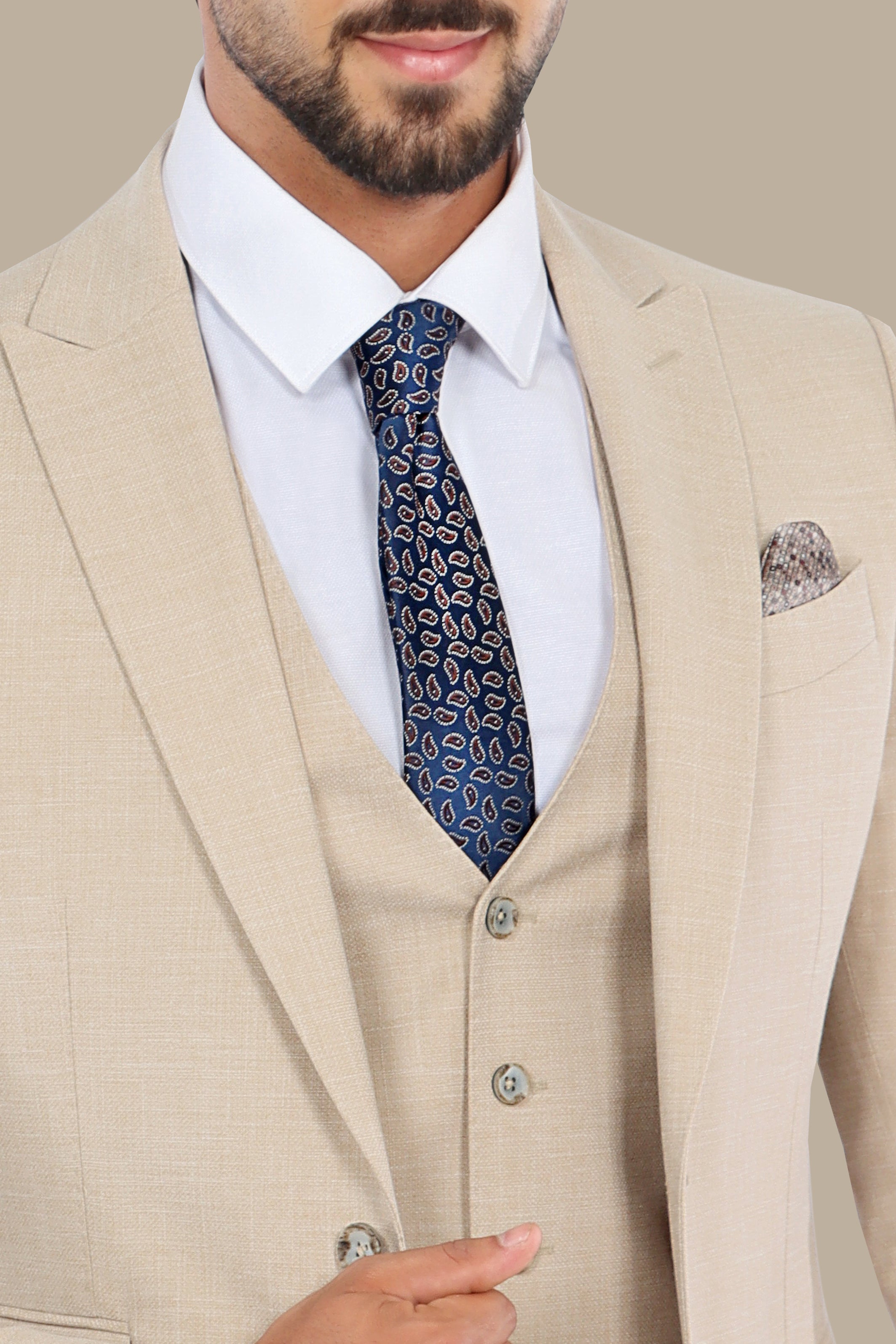 Beige Slim Fit Suit with Peak Lapel and Flap Pockets