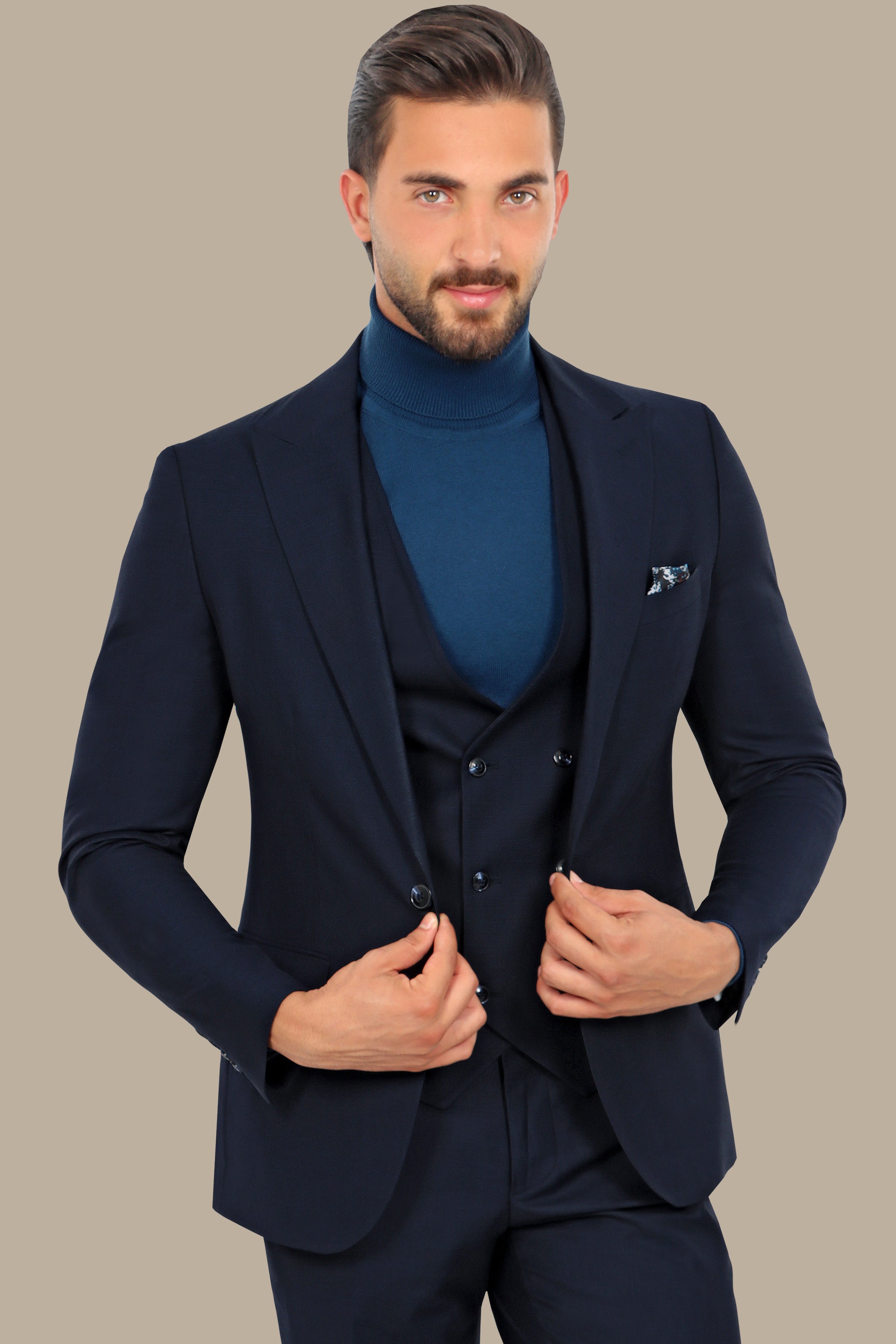 Navy Checkered Elegance: The Peak Lapel 3-Piece Suit