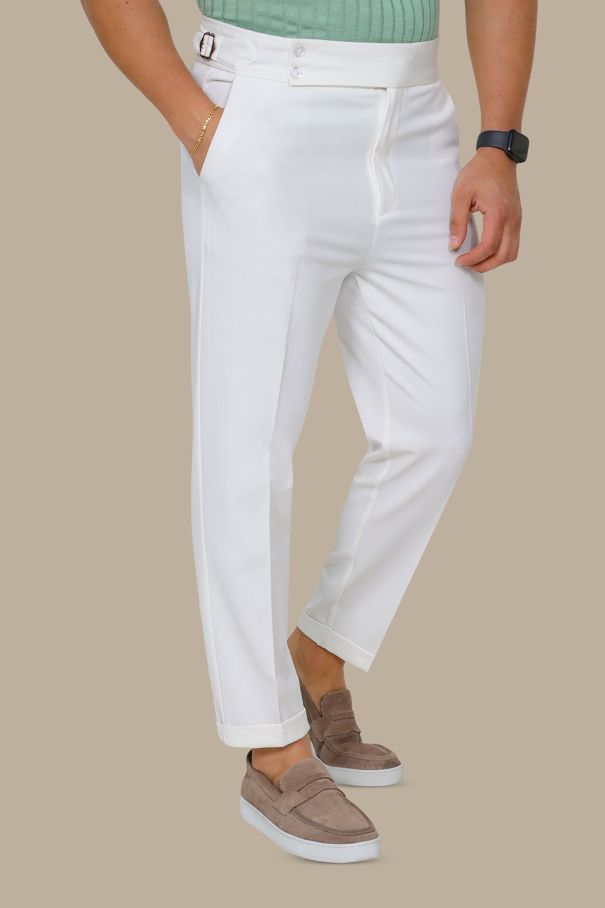 Wide Waist Double Button Slim Fit Pants