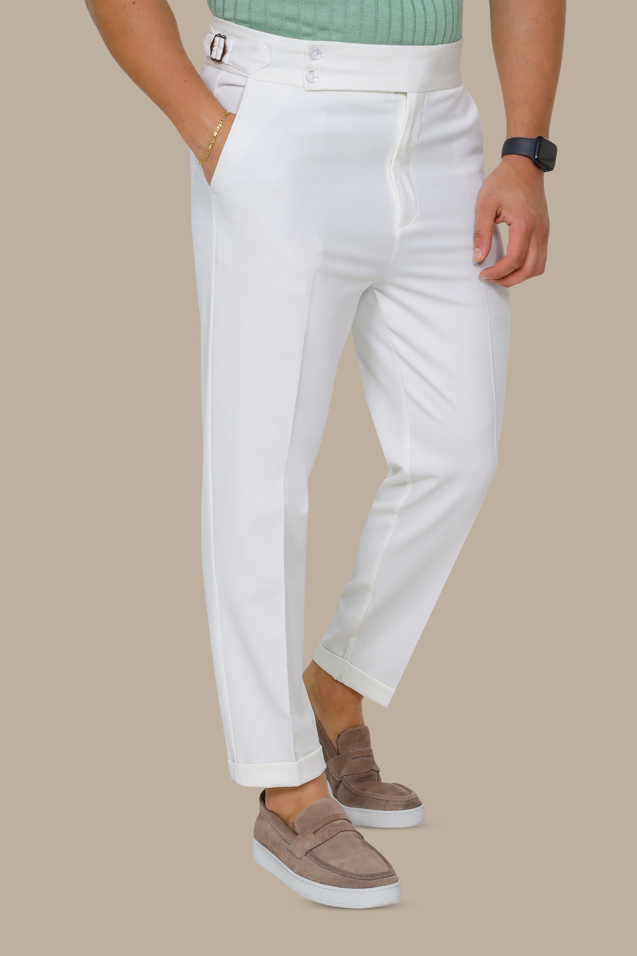 White Slim Fit Pants with Wide Waist Double Button