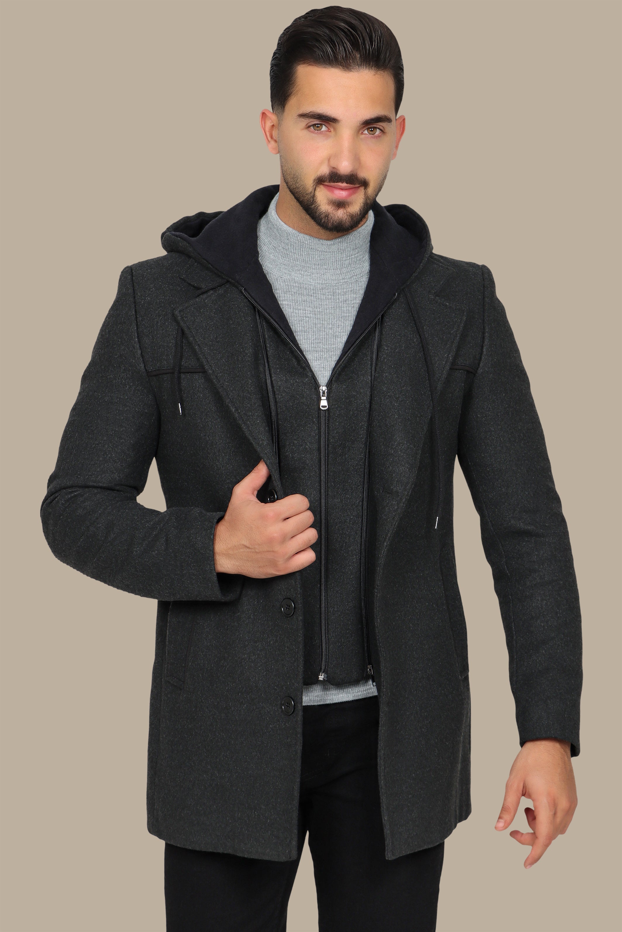 Dark Grey Coat with Detachable Hoodie