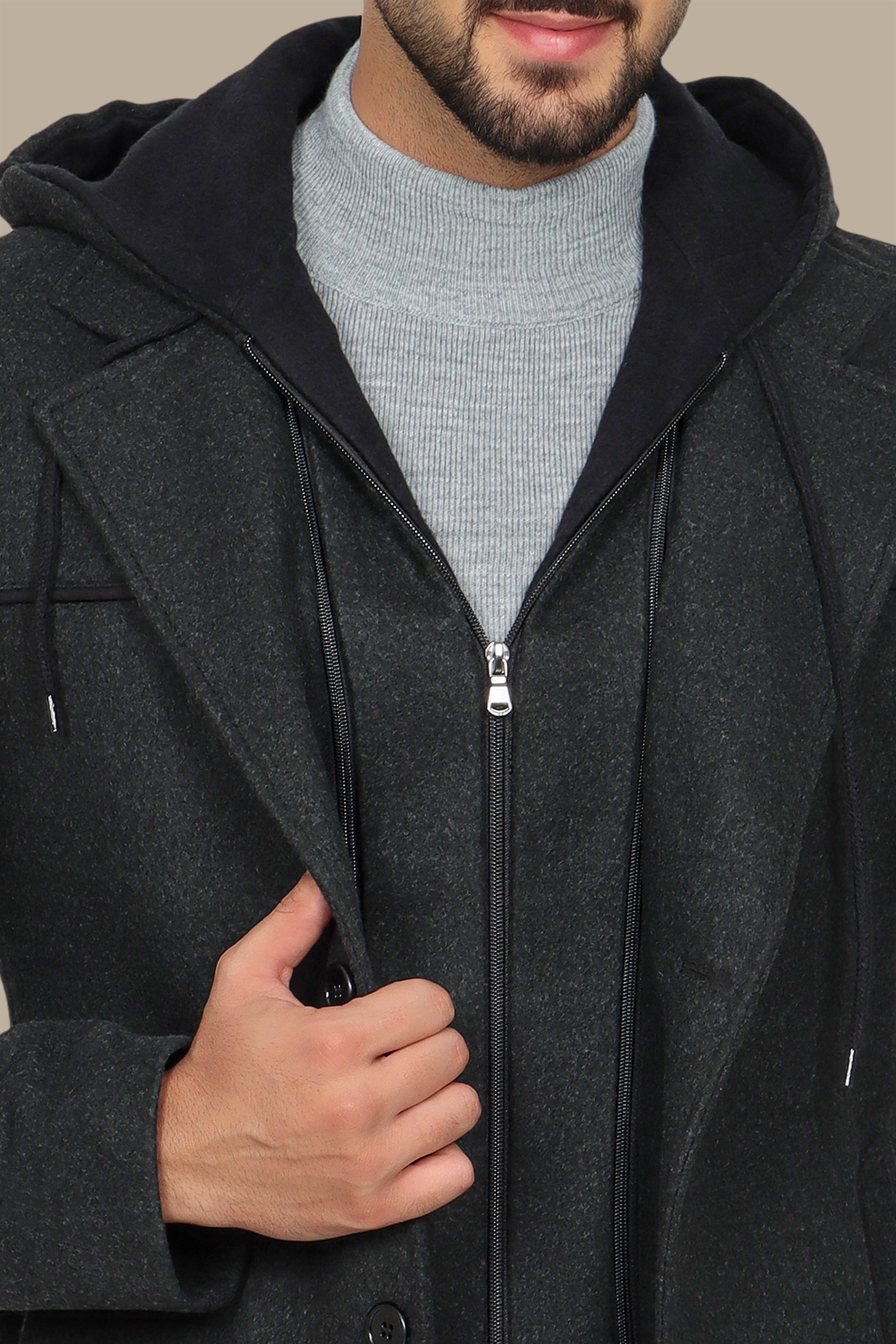 Dark Grey Coat with Detachable Hoodie