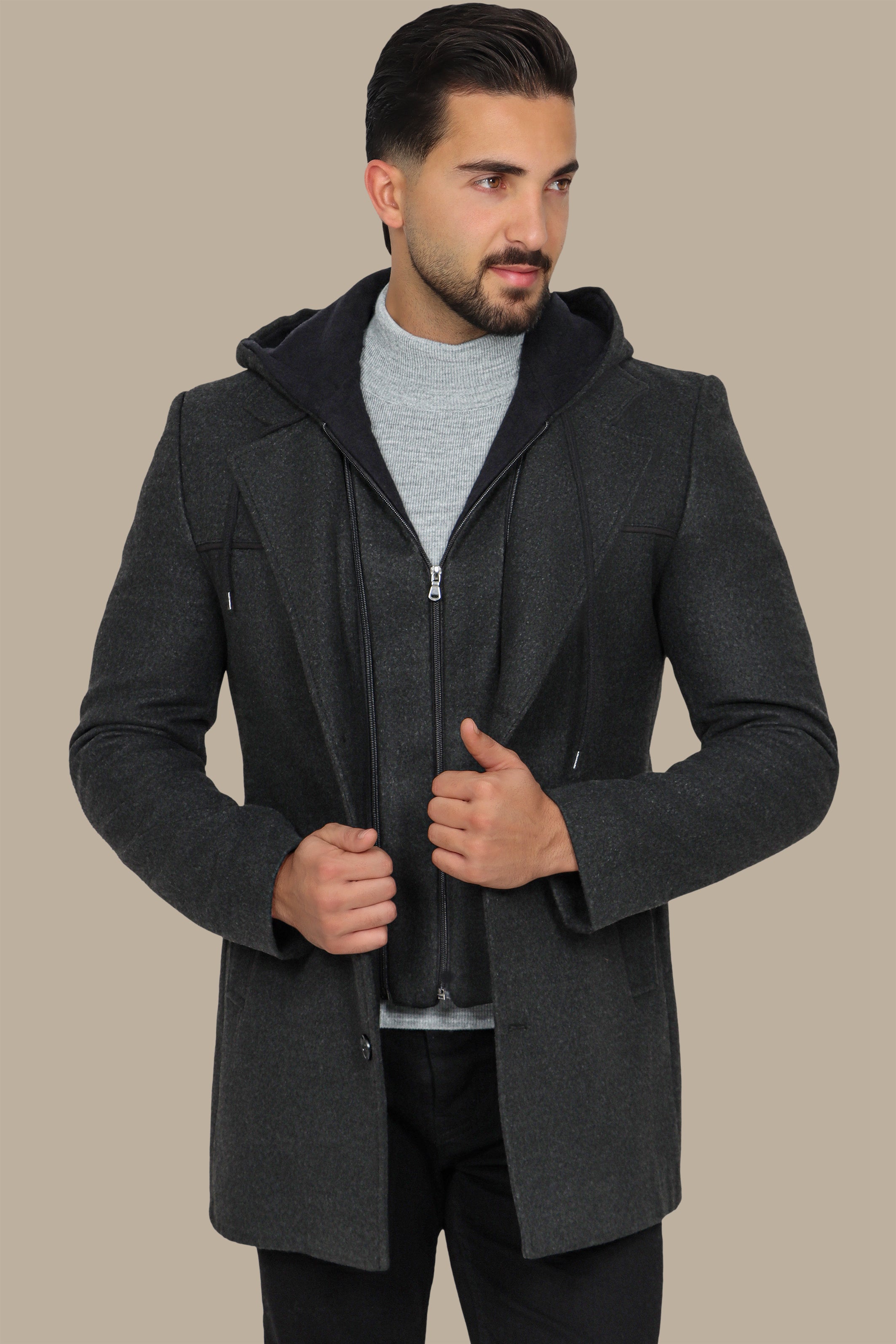 Dark Grey Coat with Detachable Hoodie