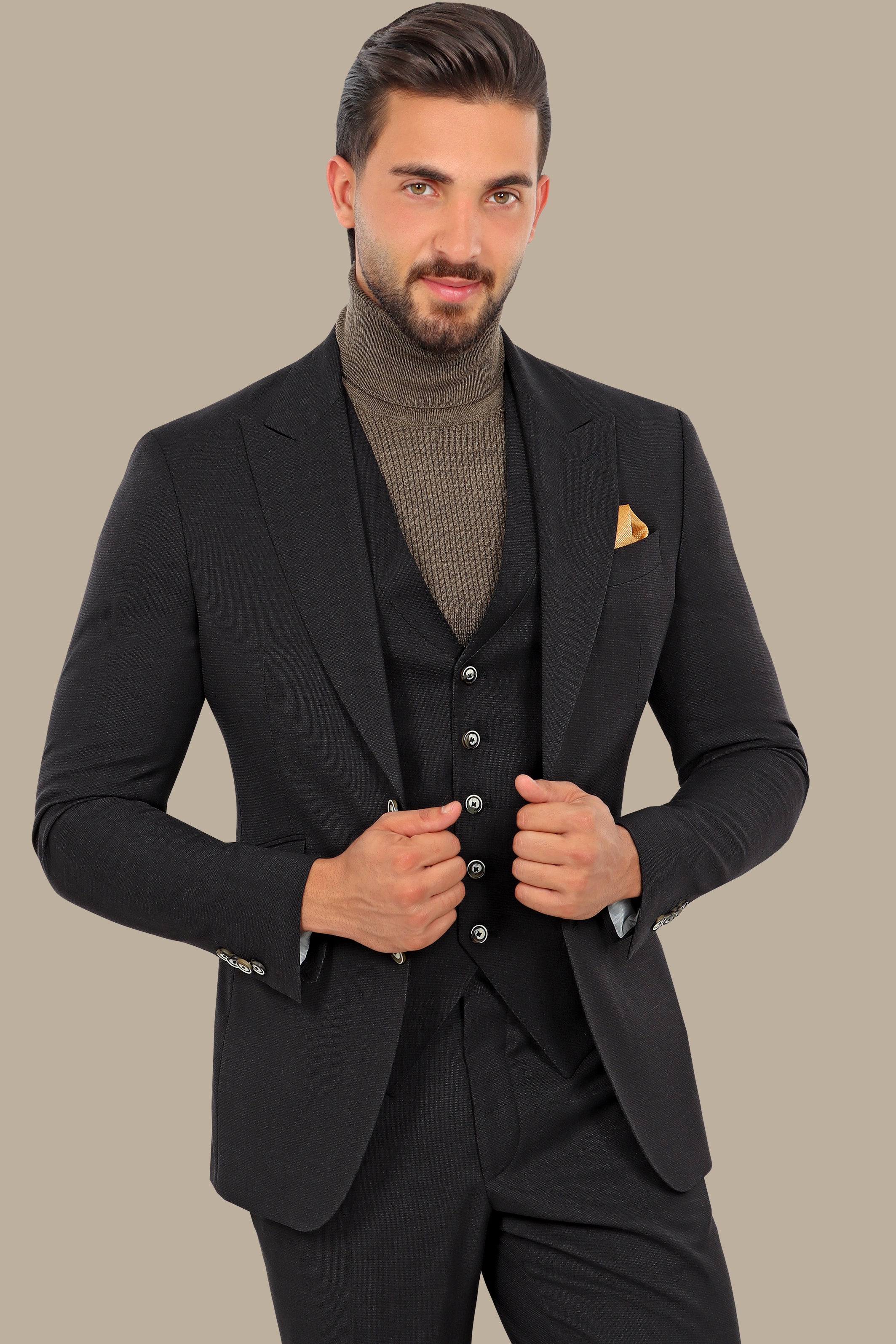 Black Fila Fil Lycra 3-Piece Suit with Peak Lapel