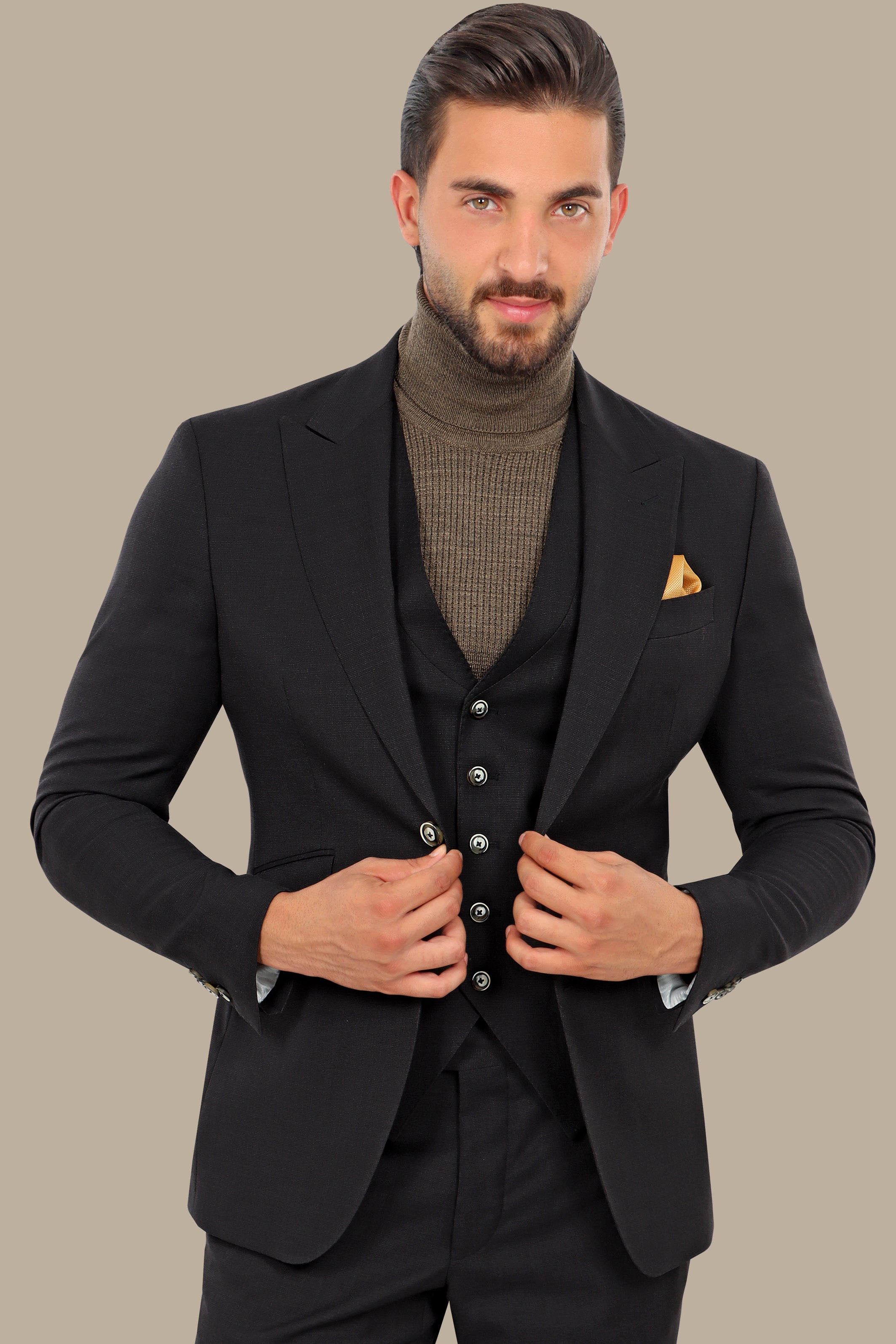 Black Fila Fil Lycra 3-Piece Suit with Peak Lapel