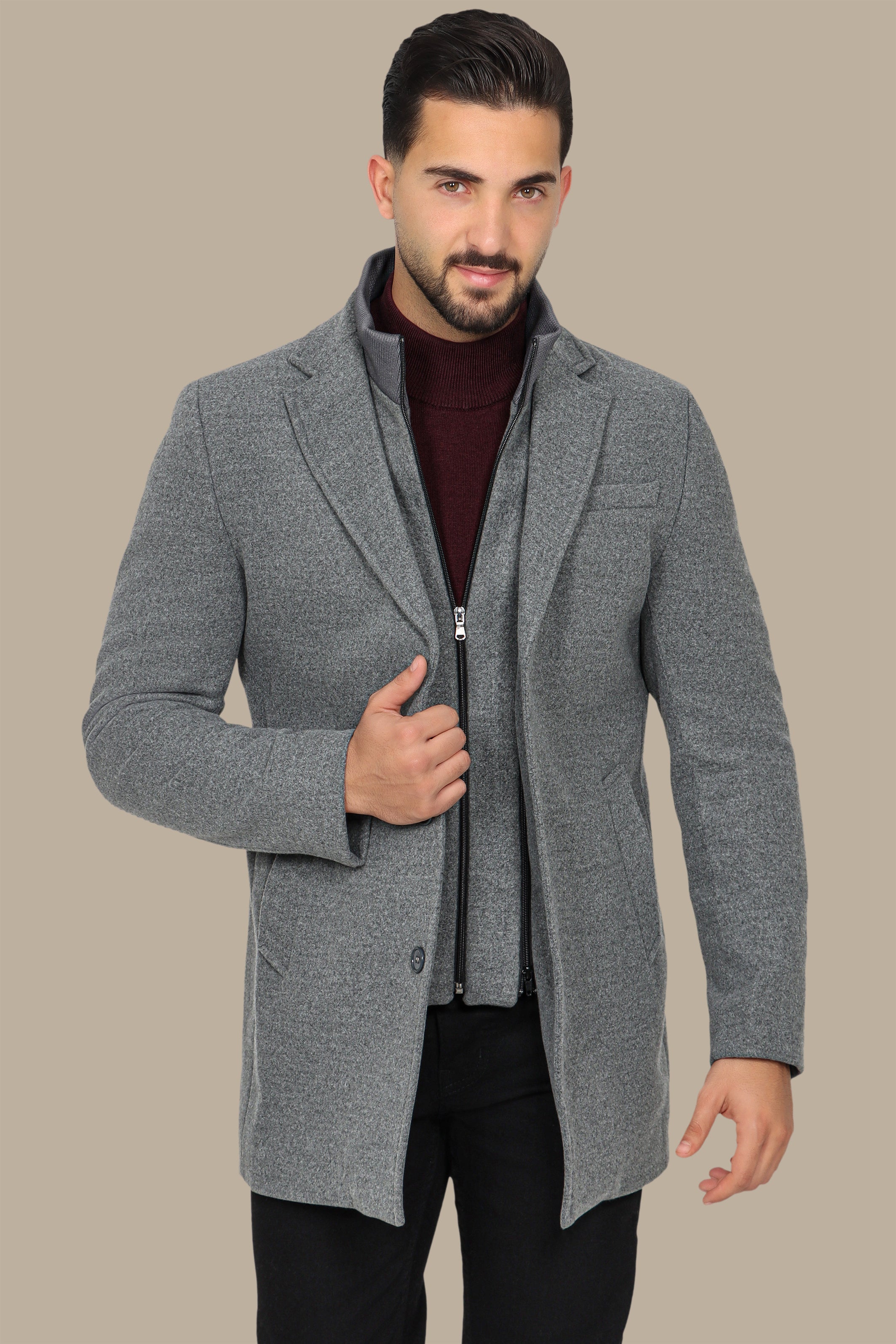 Light Gray Versatility: The Notch Detachable Coat in Classic Elegance