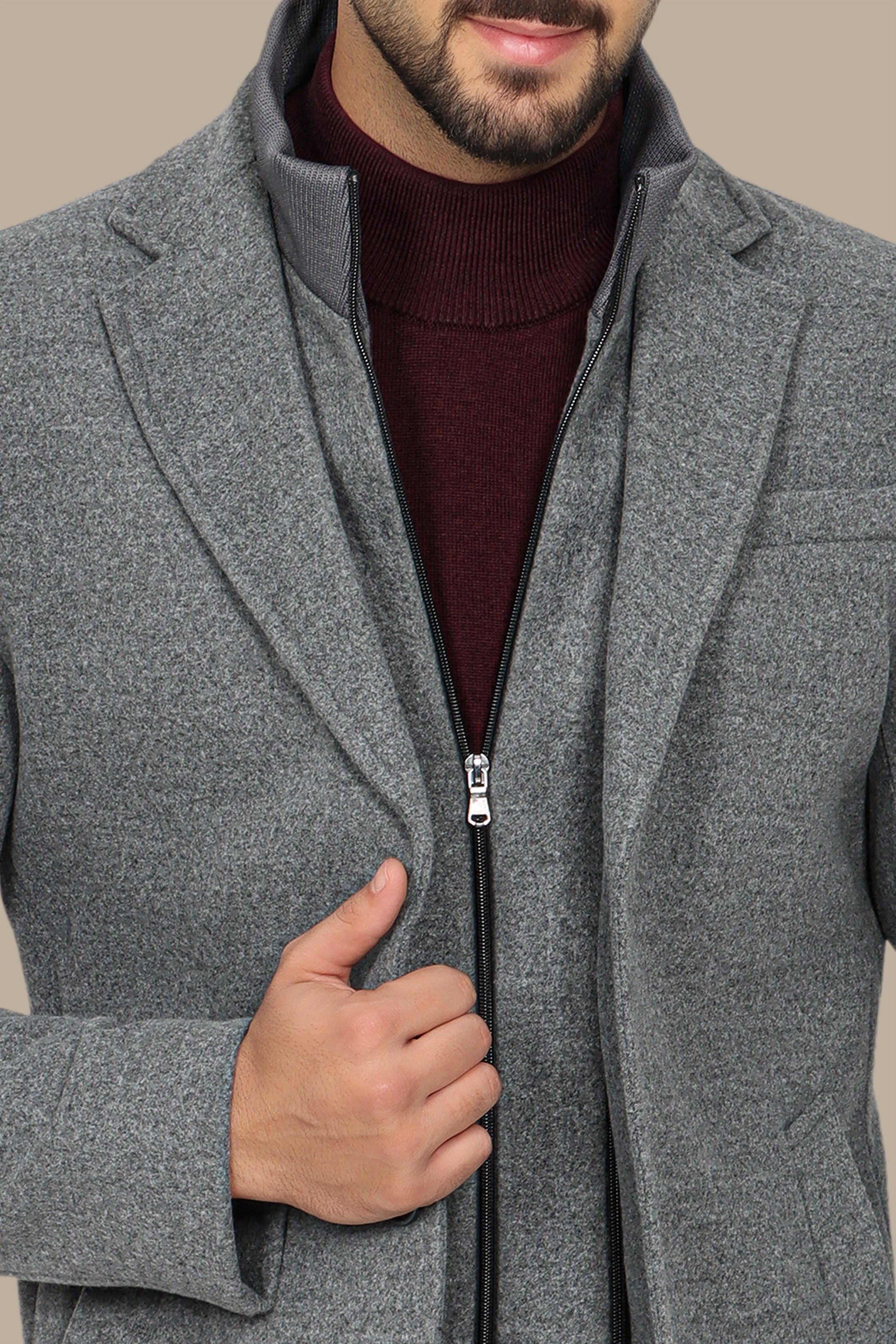 Light Gray Versatility: The Notch Detachable Coat in Classic Elegance