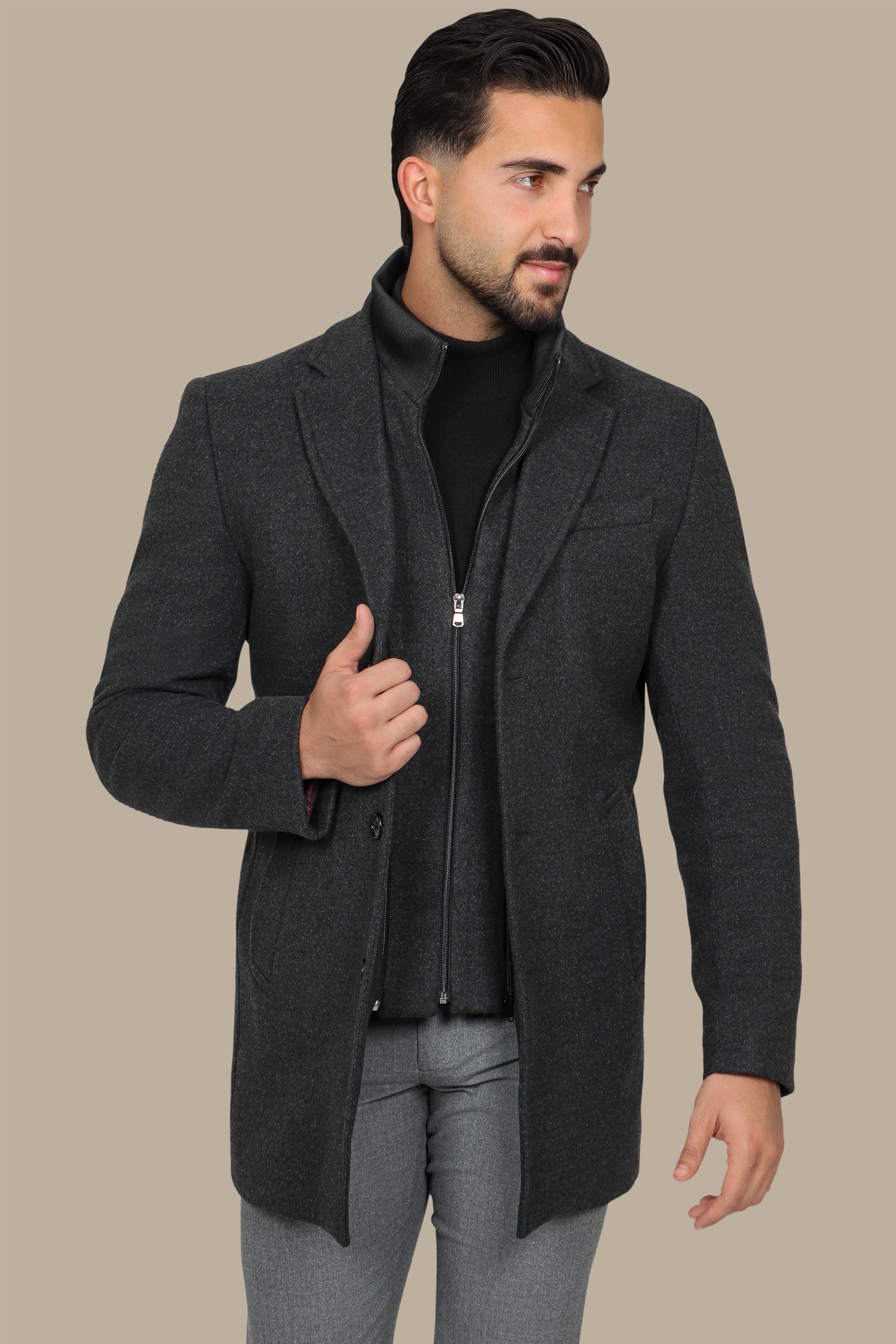 Versatile Chic: Dark Grey Notch Coat with Detachable Element