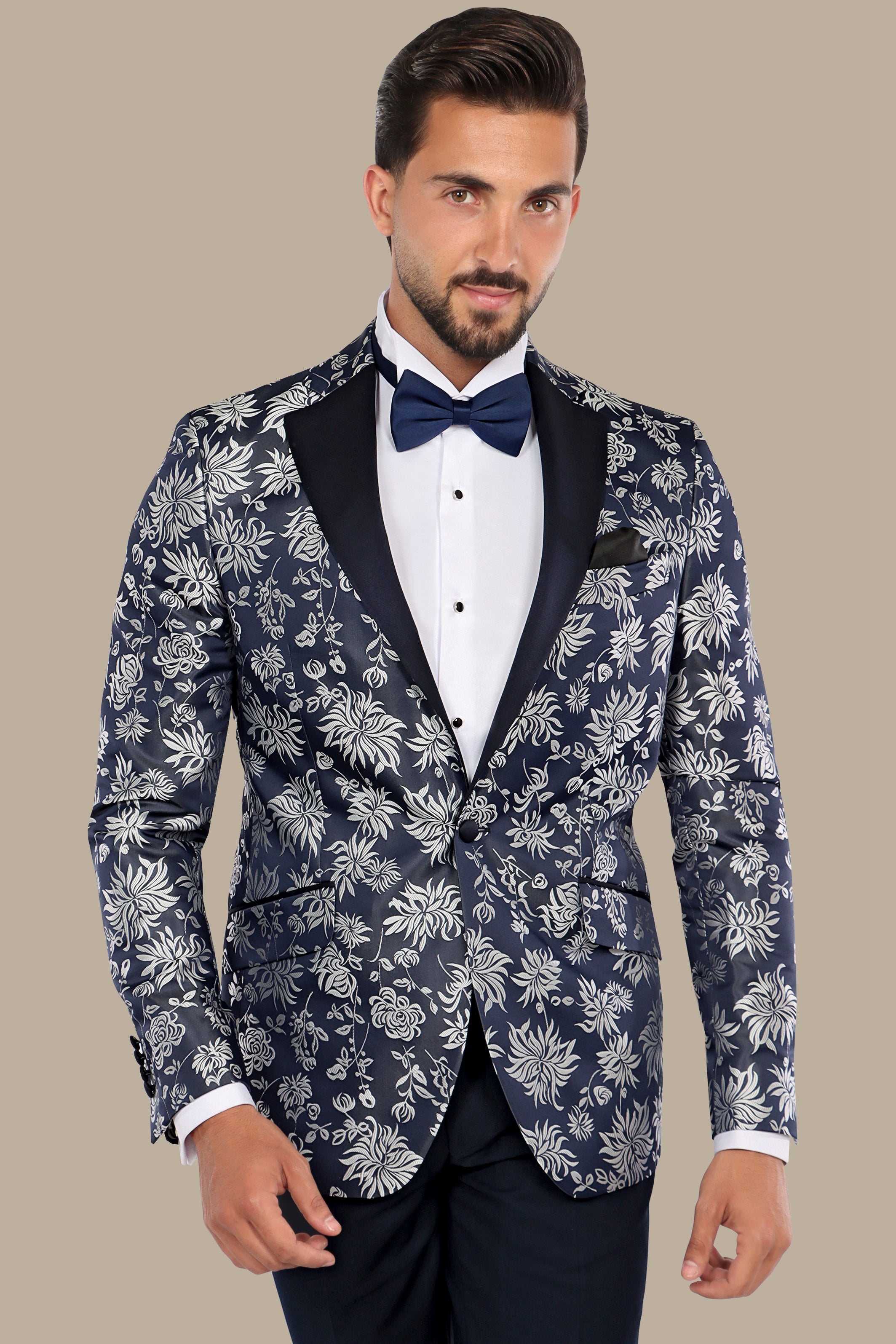 Silver & Navy Leaf Jacquard Suit