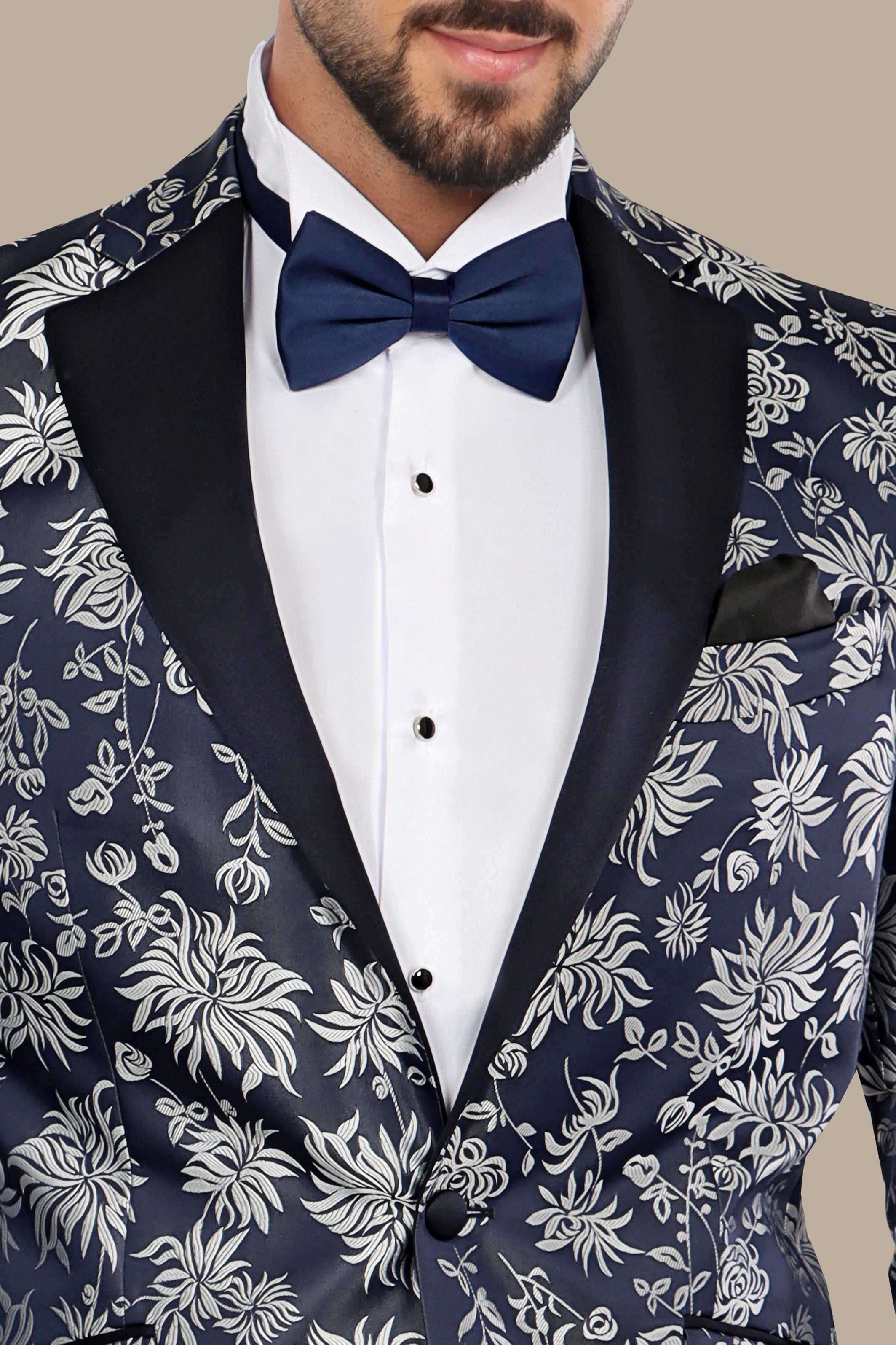 Silver & Navy Leaf Jacquard Suit