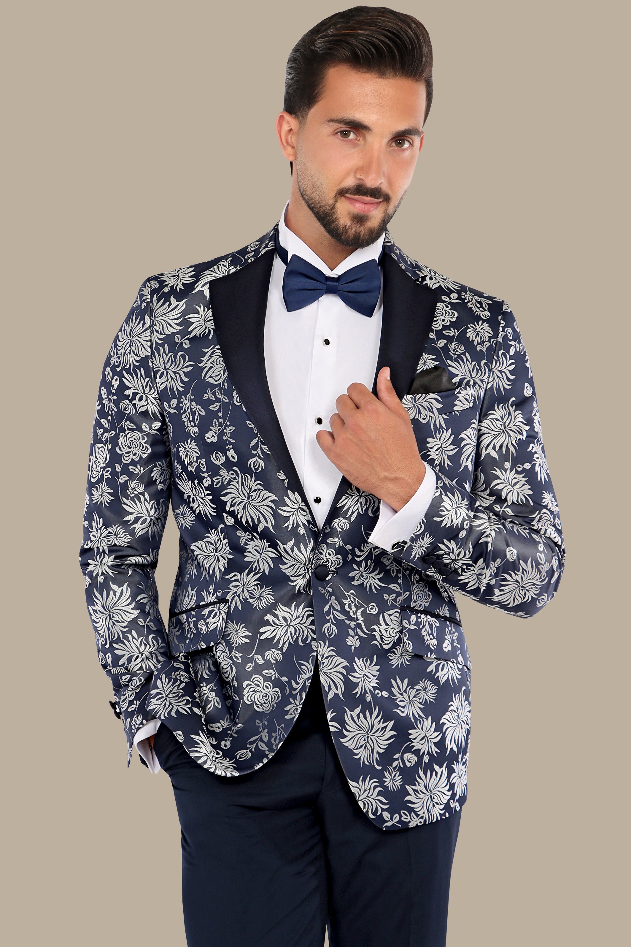 Silver & Navy Leaf Jacquard Suit