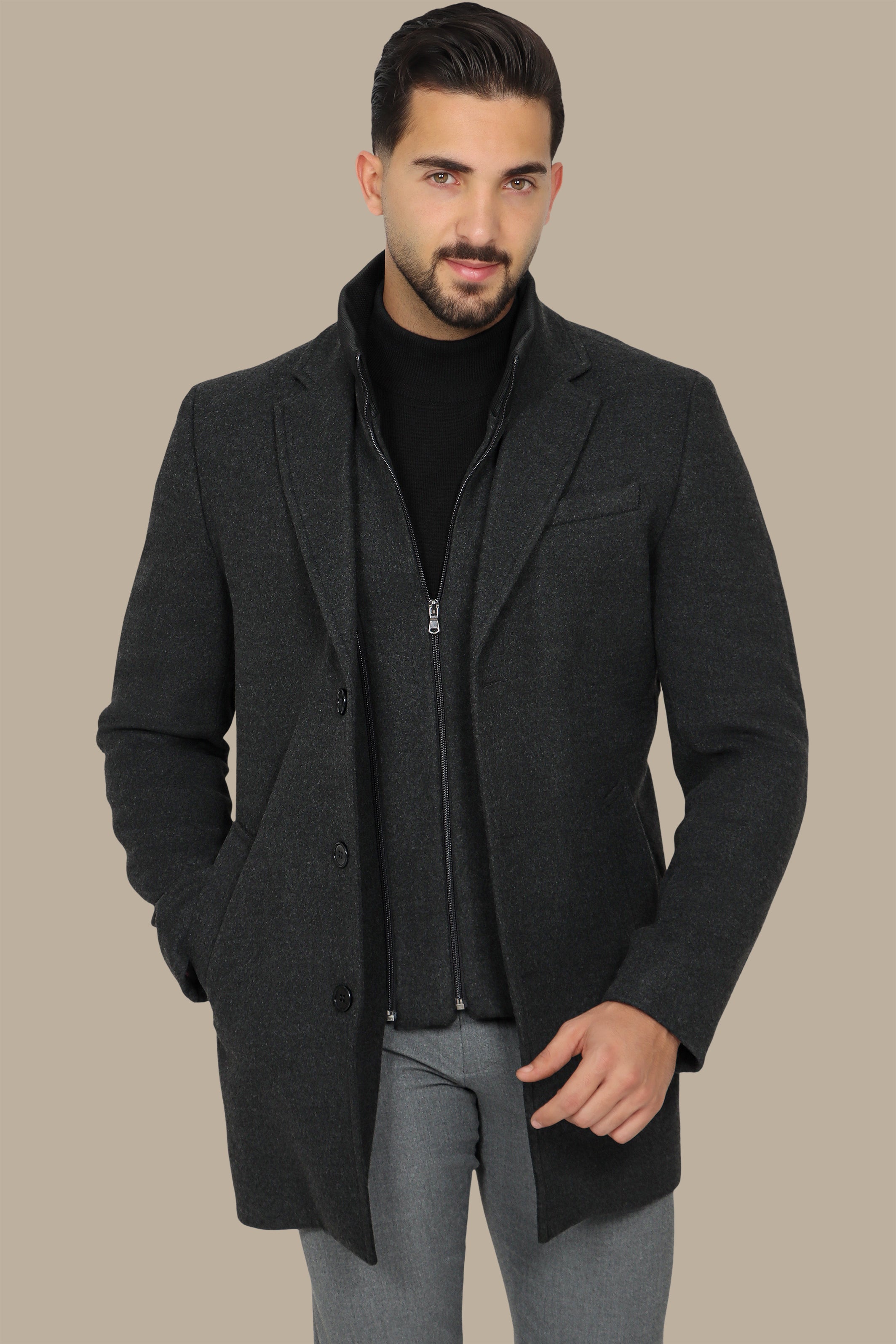 Versatile Chic: Dark Grey Notch Coat with Detachable Element