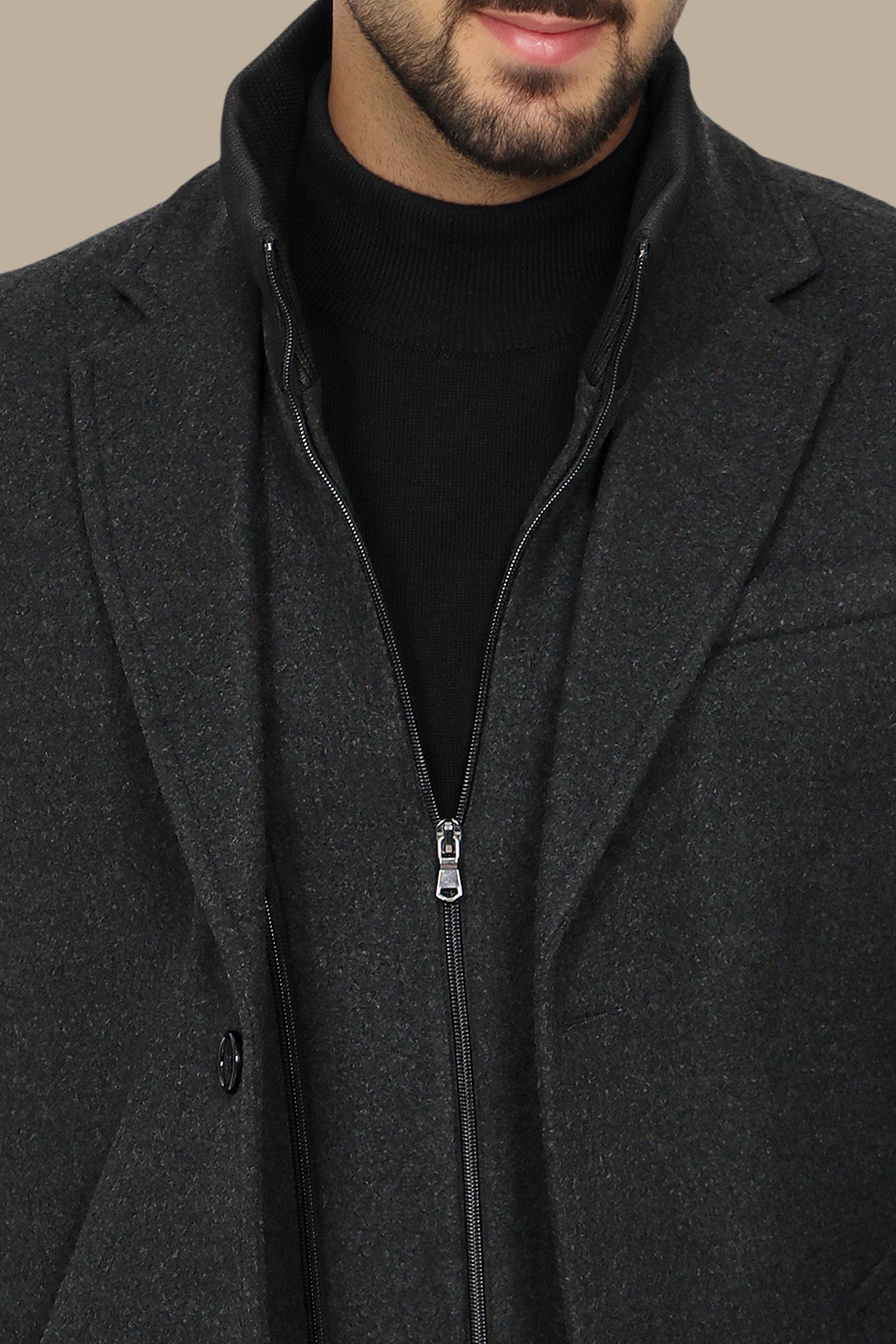 Versatile Chic: Dark Grey Notch Coat with Detachable Element