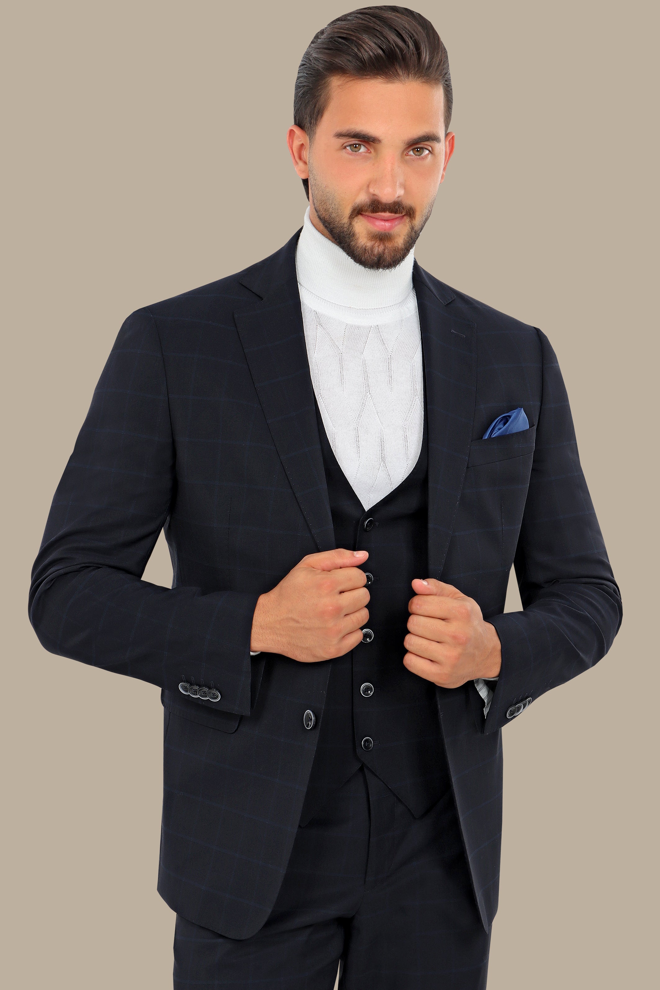 Navy Wool Checked Regular Fit 3-Piece Suit