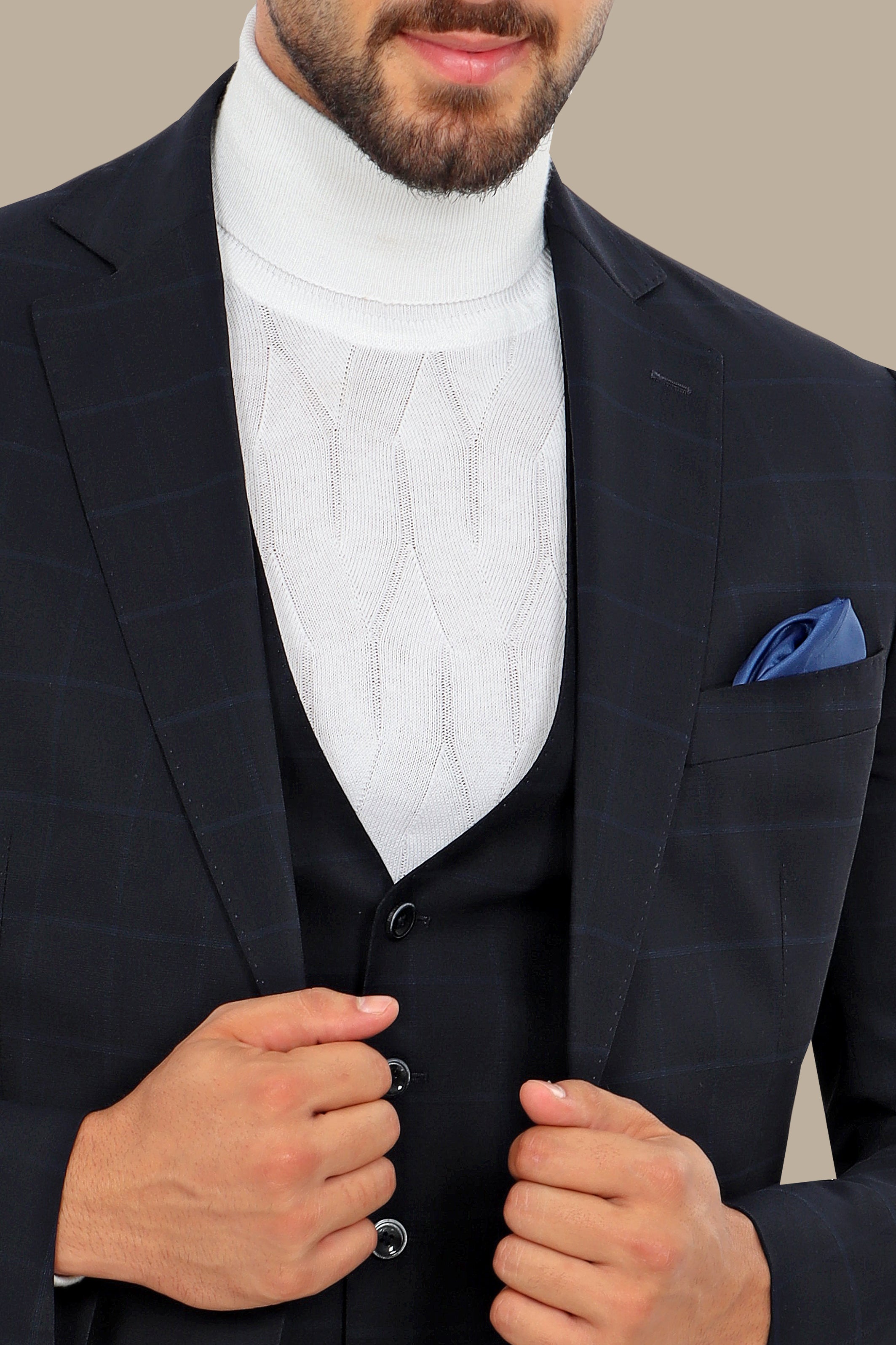 Navy Wool Checked Regular Fit 3-Piece Suit