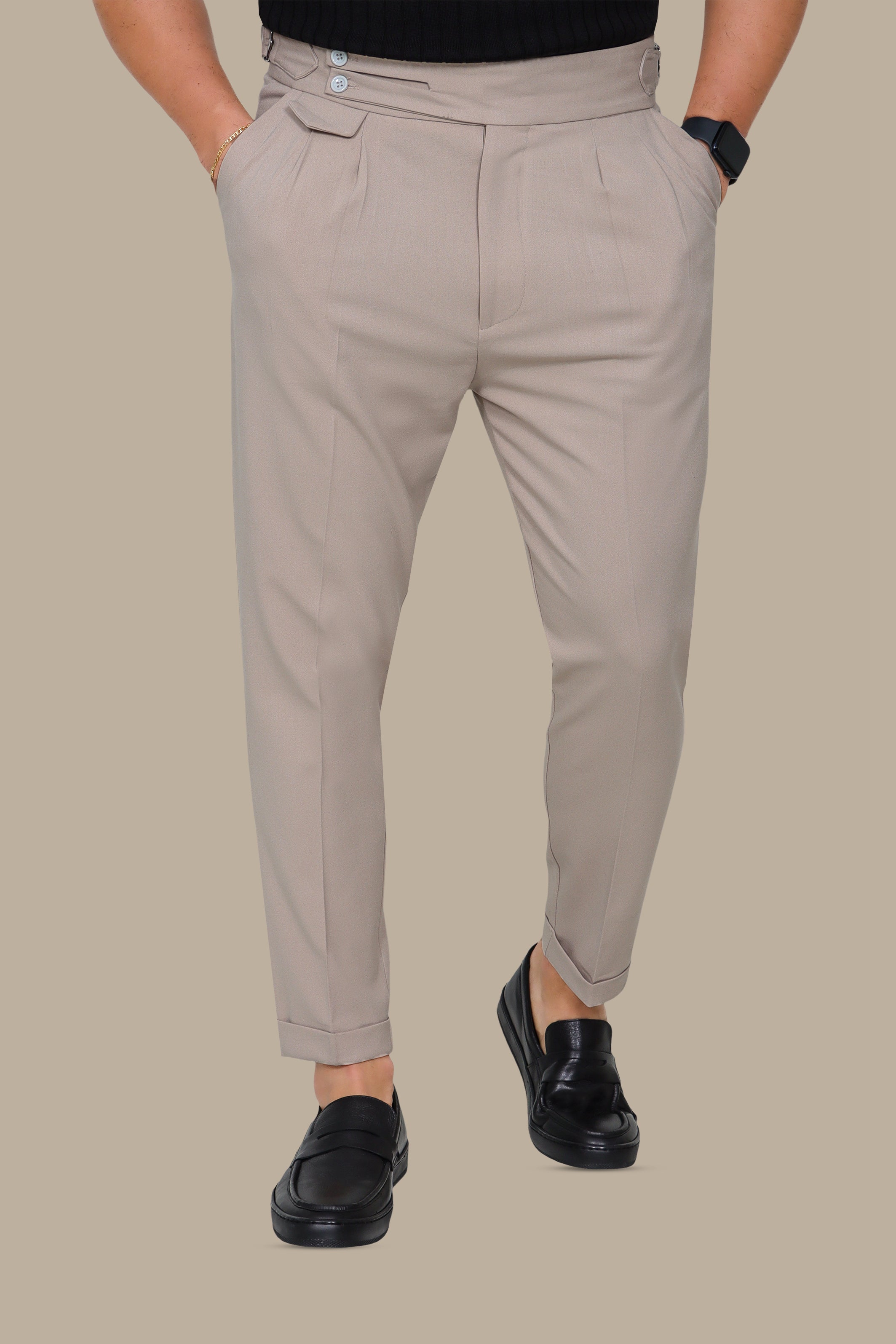 Light Beige Pants with Double Belt and Side Buttons