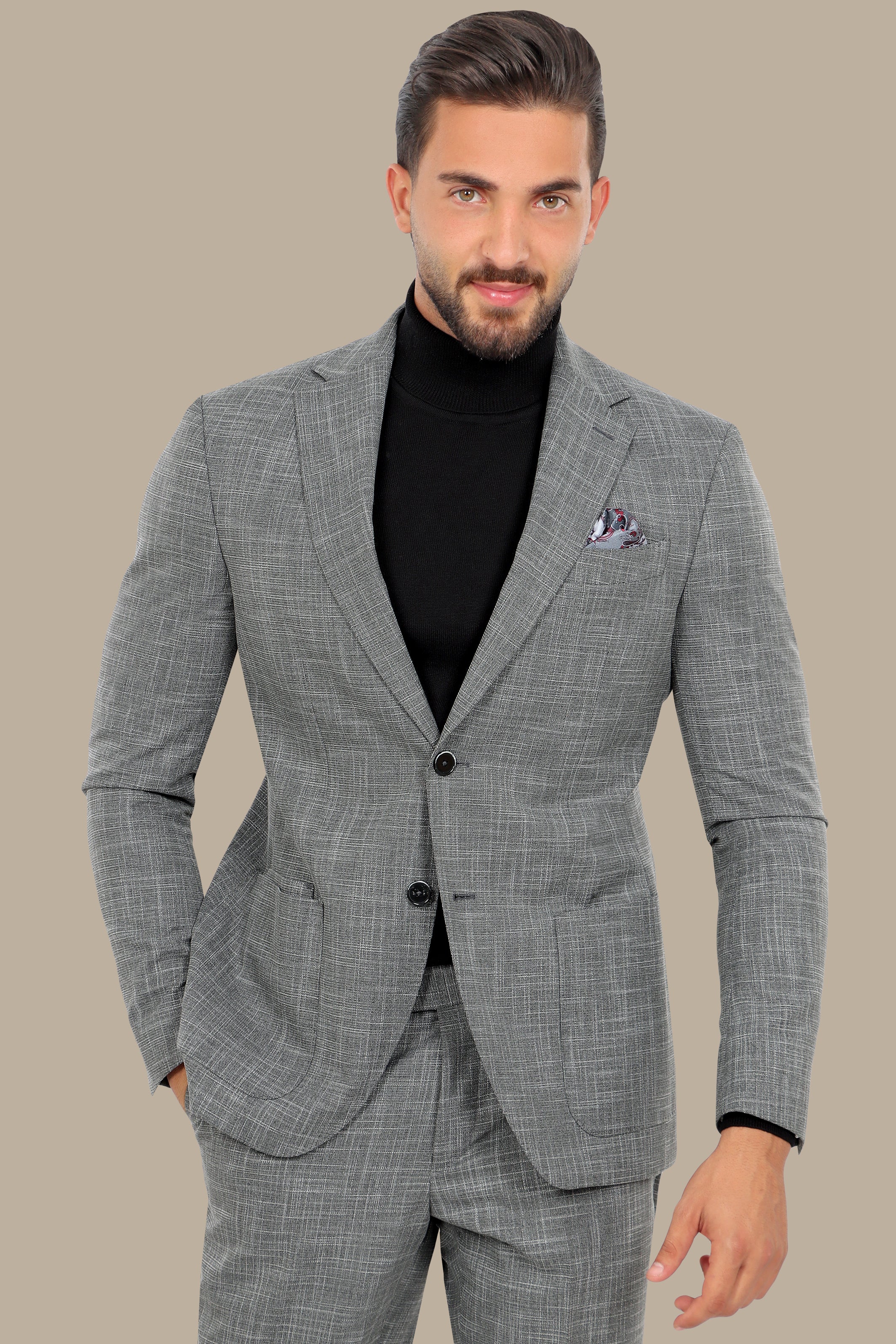 Grey Slim Fit Suit with Down Notch Patch Pockets