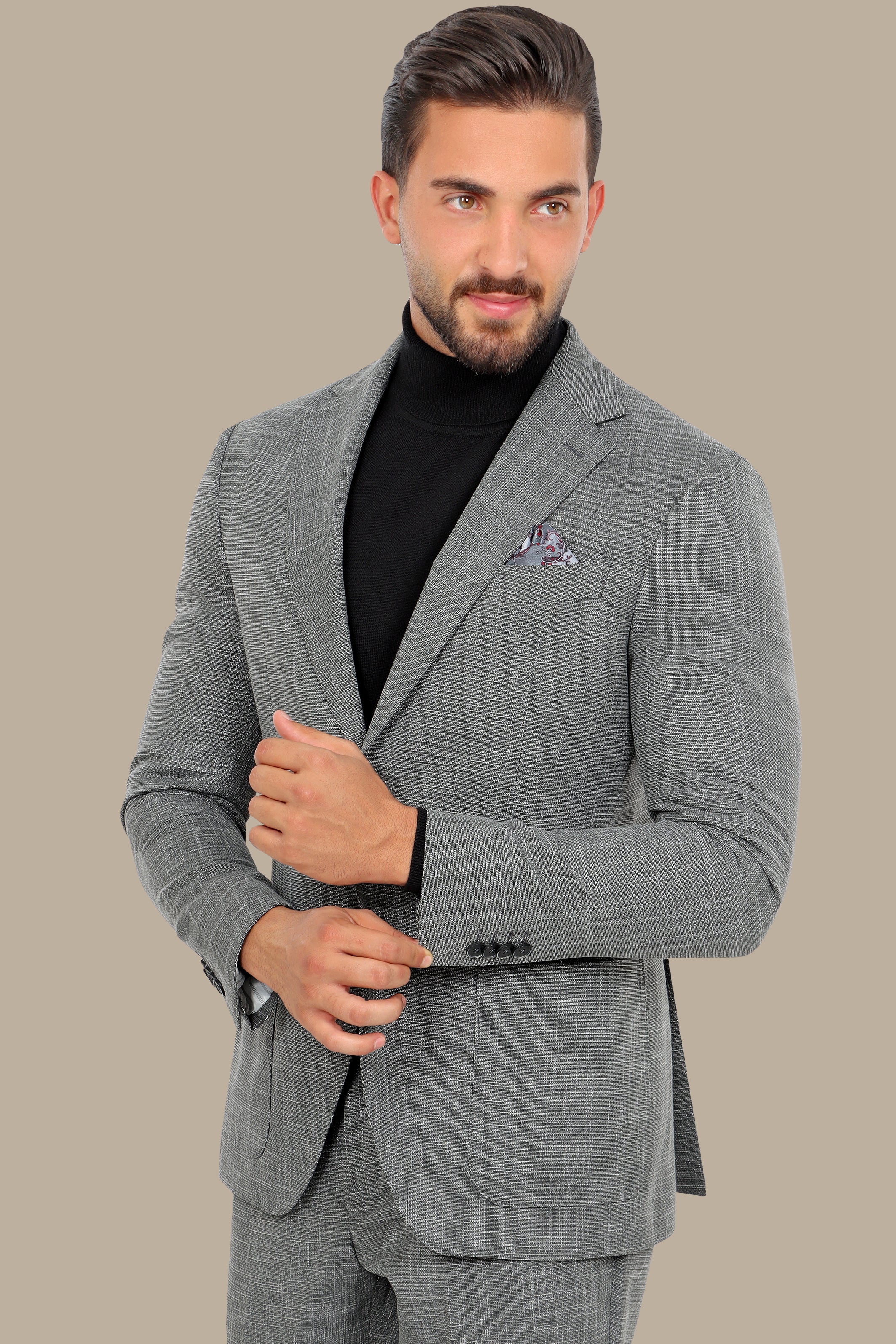 Grey Slim Fit Suit with Down Notch Patch Pockets