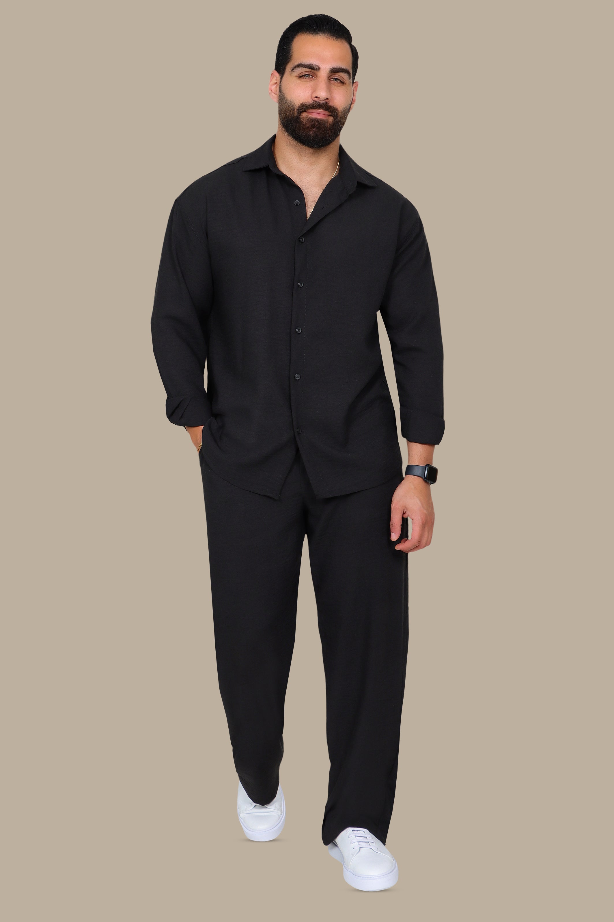 Black Linen Loose Long Sleeve Tracksuit