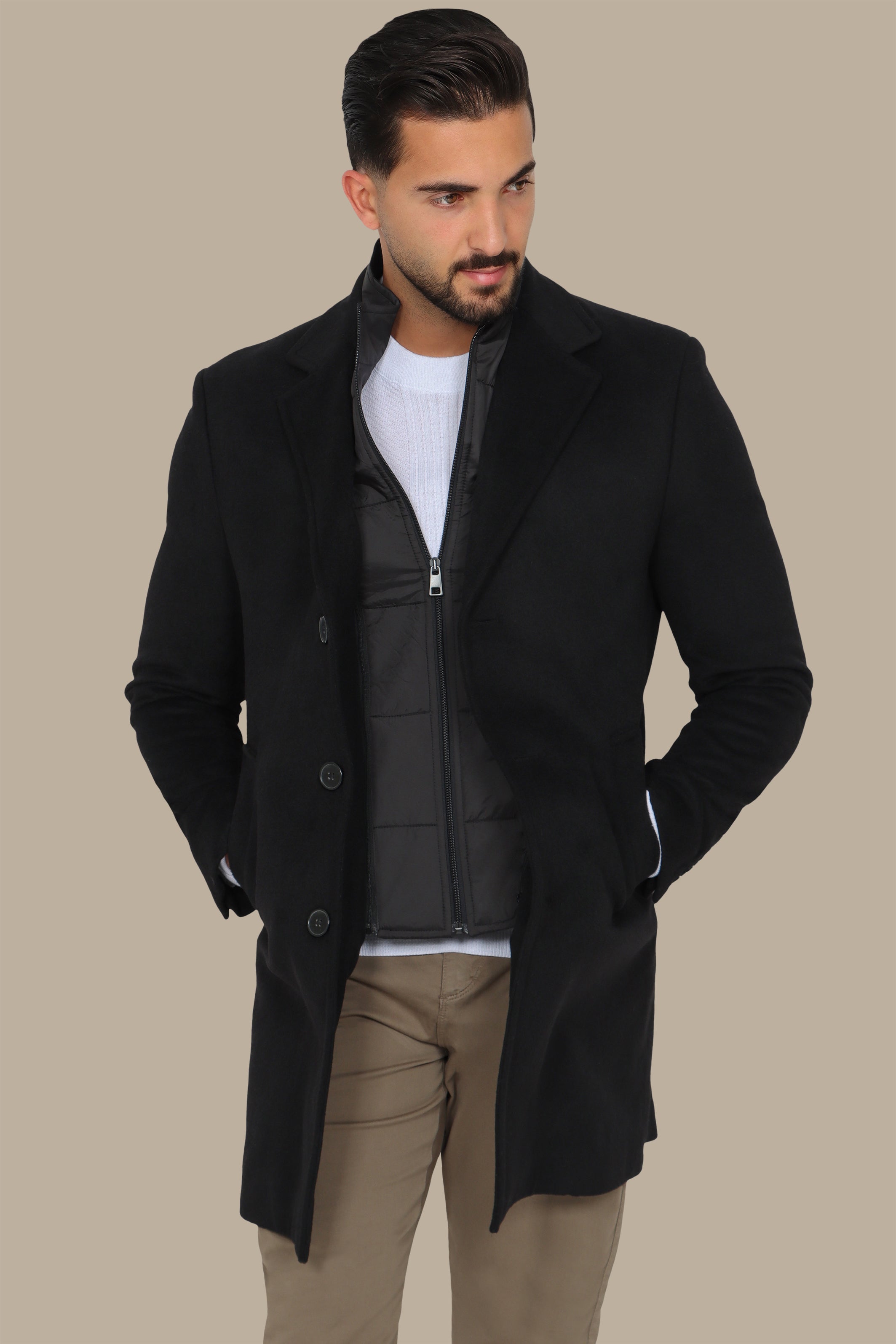 Black Basic Coat with Detachable Collar