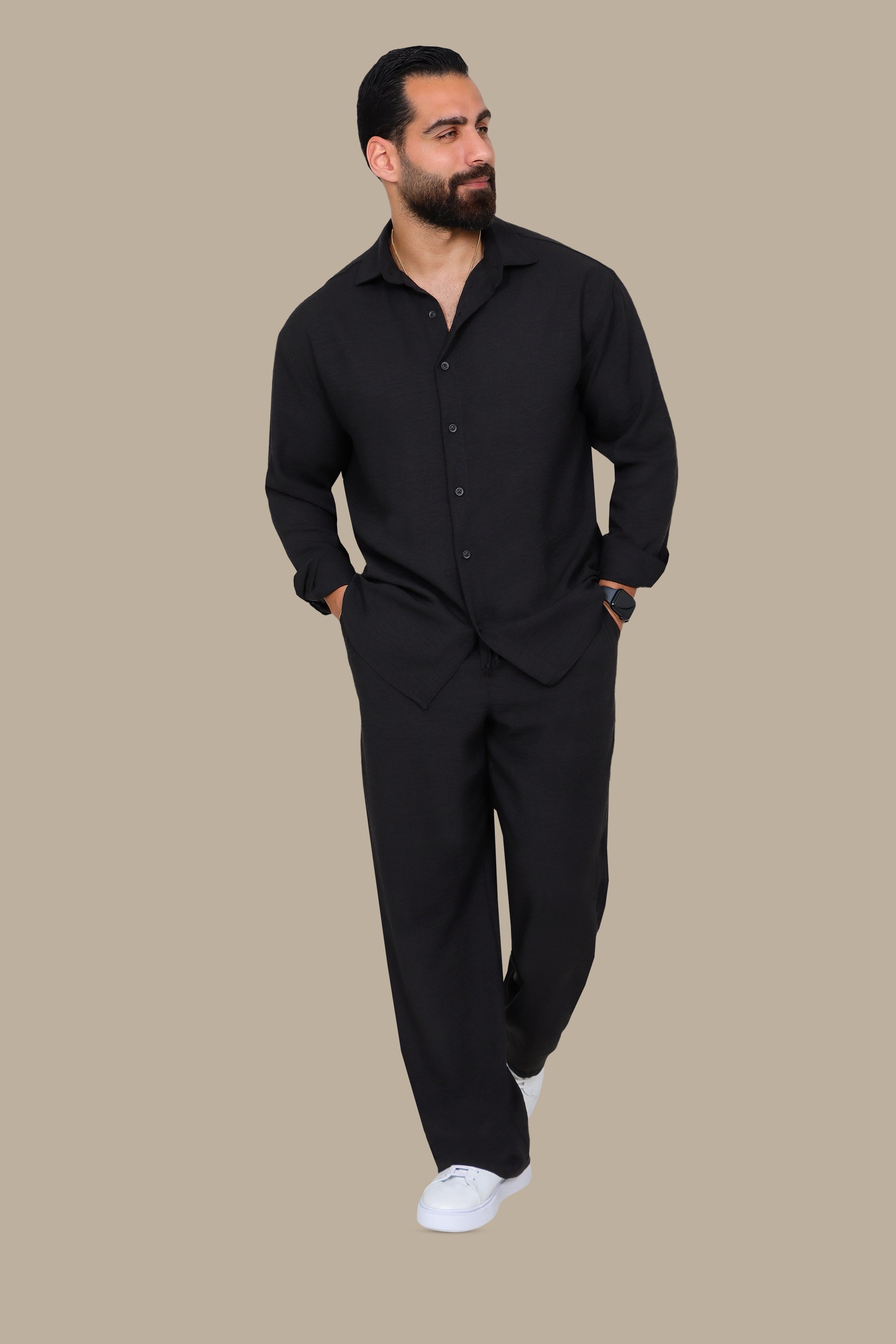 Black Linen Loose Long Sleeve Tracksuit