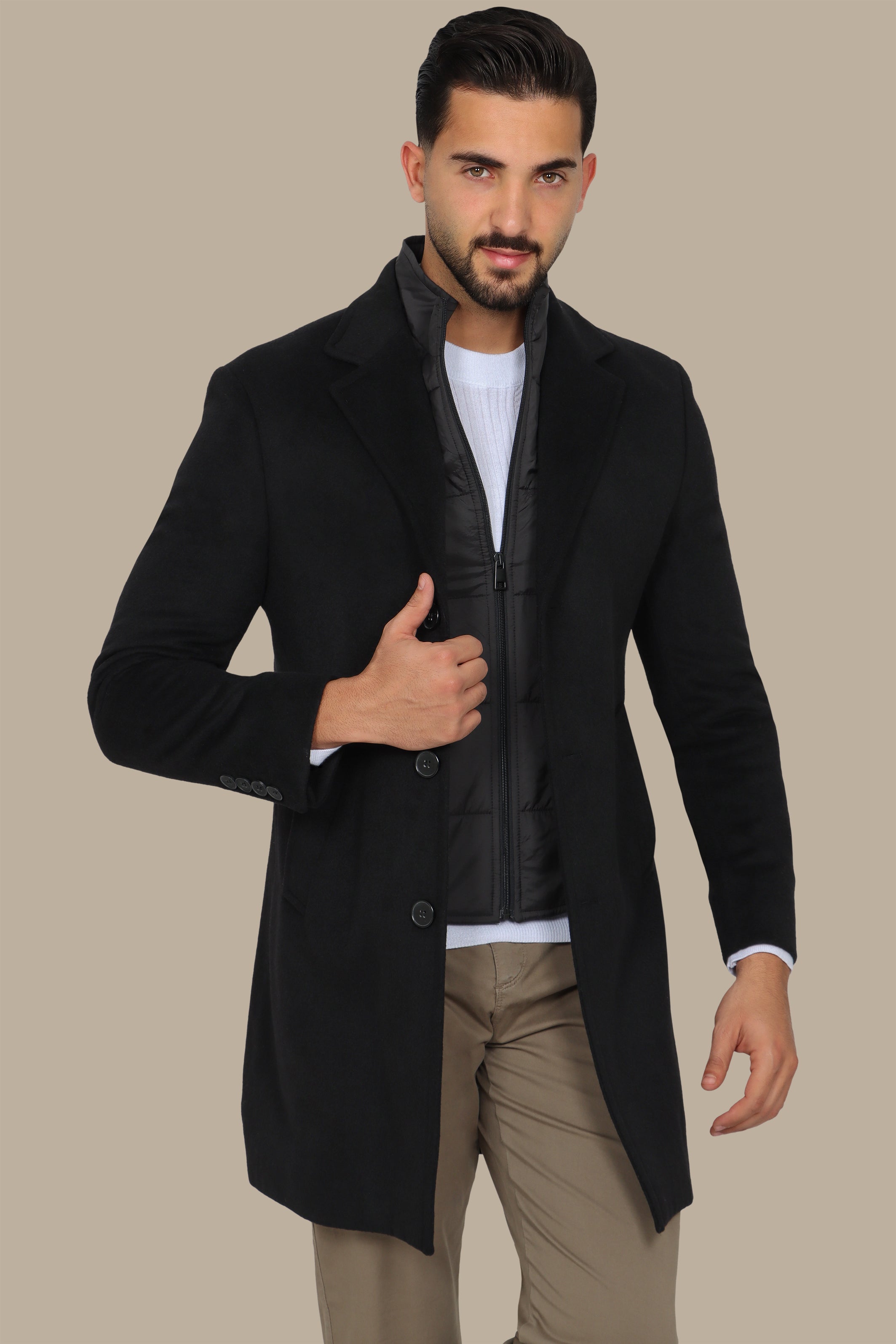 Black Basic Coat with Detachable Collar