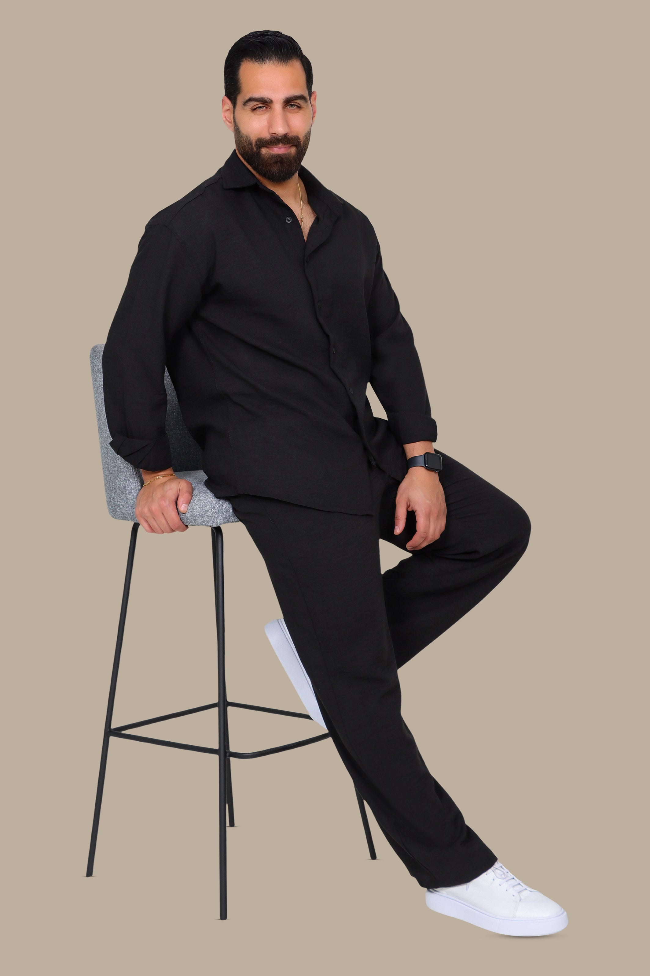 Black Linen Loose Long Sleeve Tracksuit
