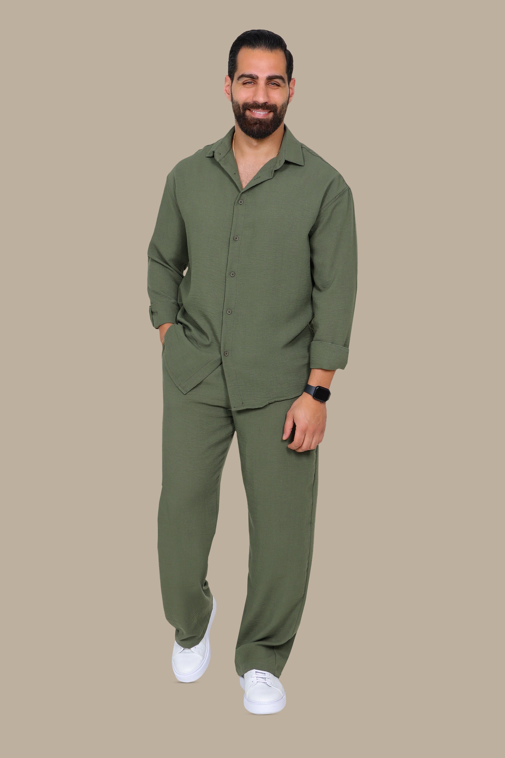 Khaki Linen Loose Long Sleeve Tracksuit