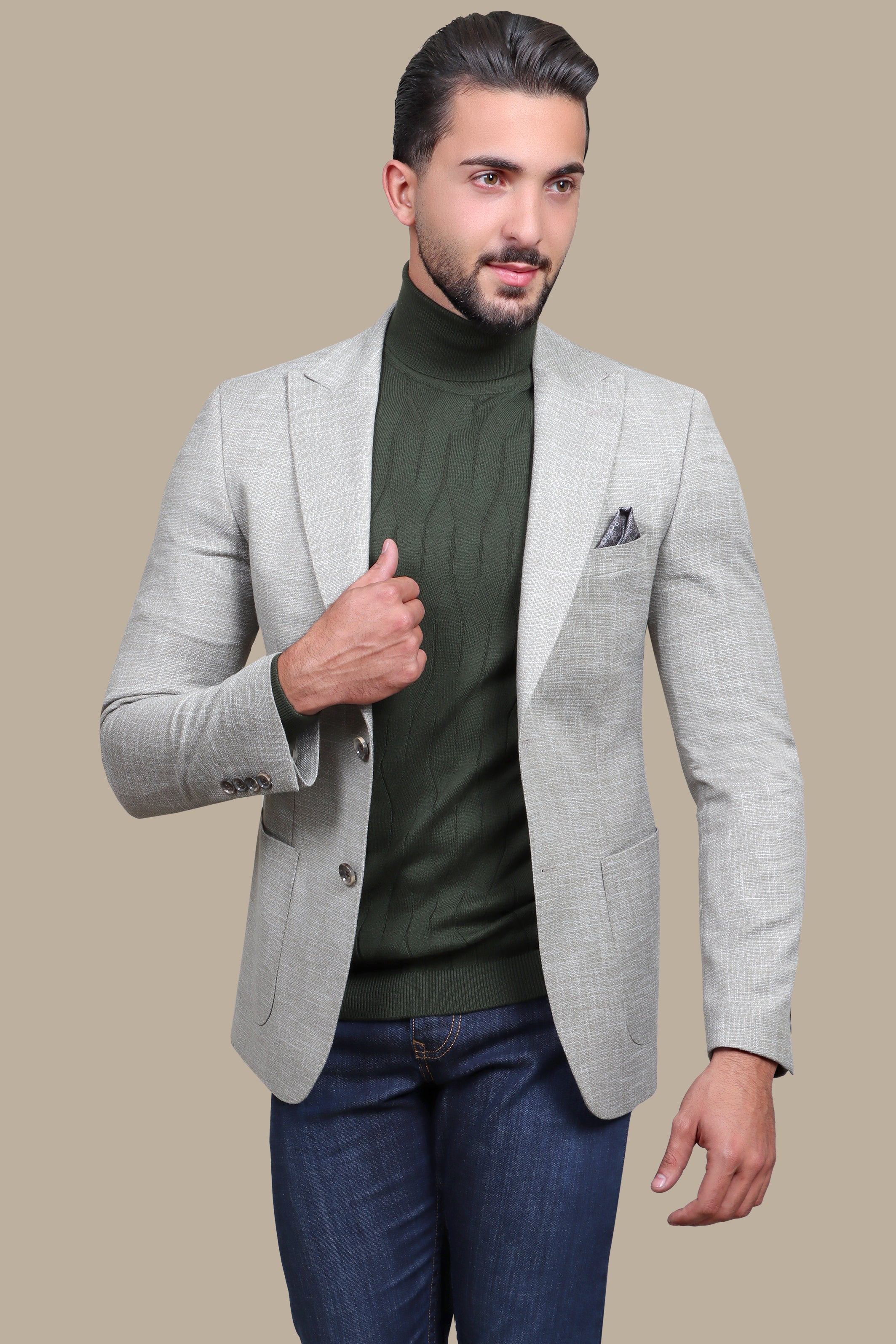 Olive Cotton Fil-a-Fil Blazer with Peak Lapel