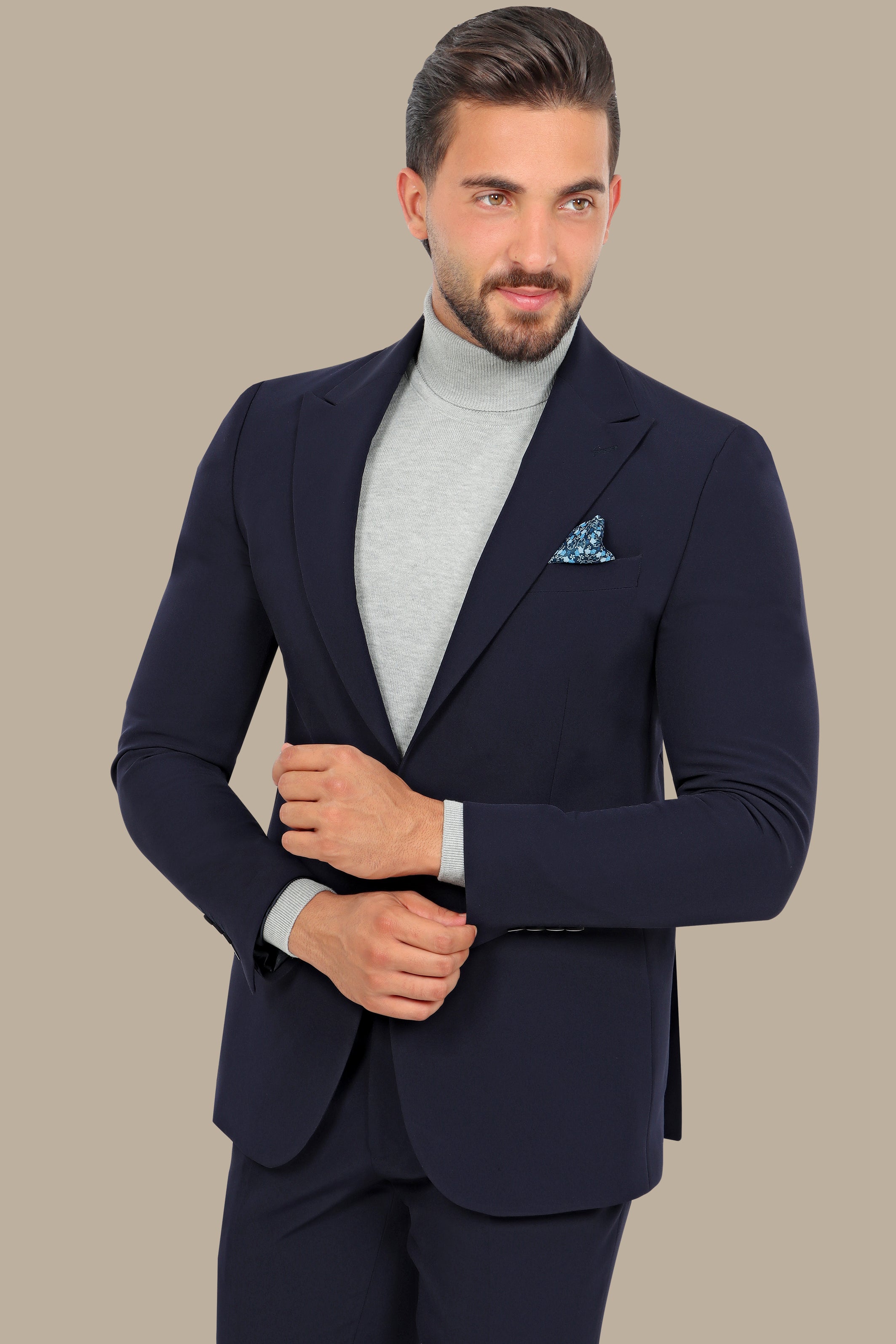 Navy Peak Lapel Suit with Side Belt Pants