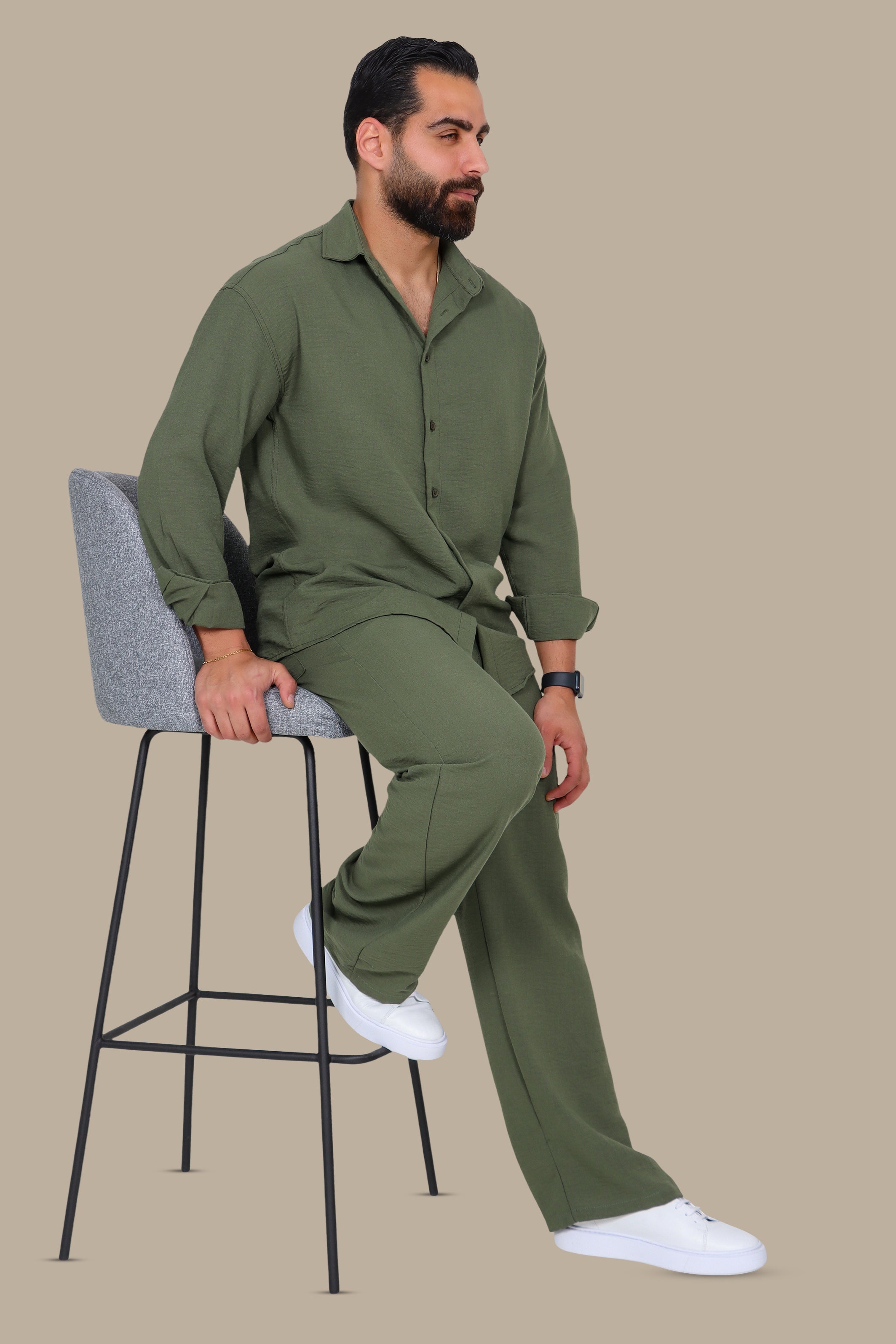 Khaki Linen Loose Long Sleeve Tracksuit