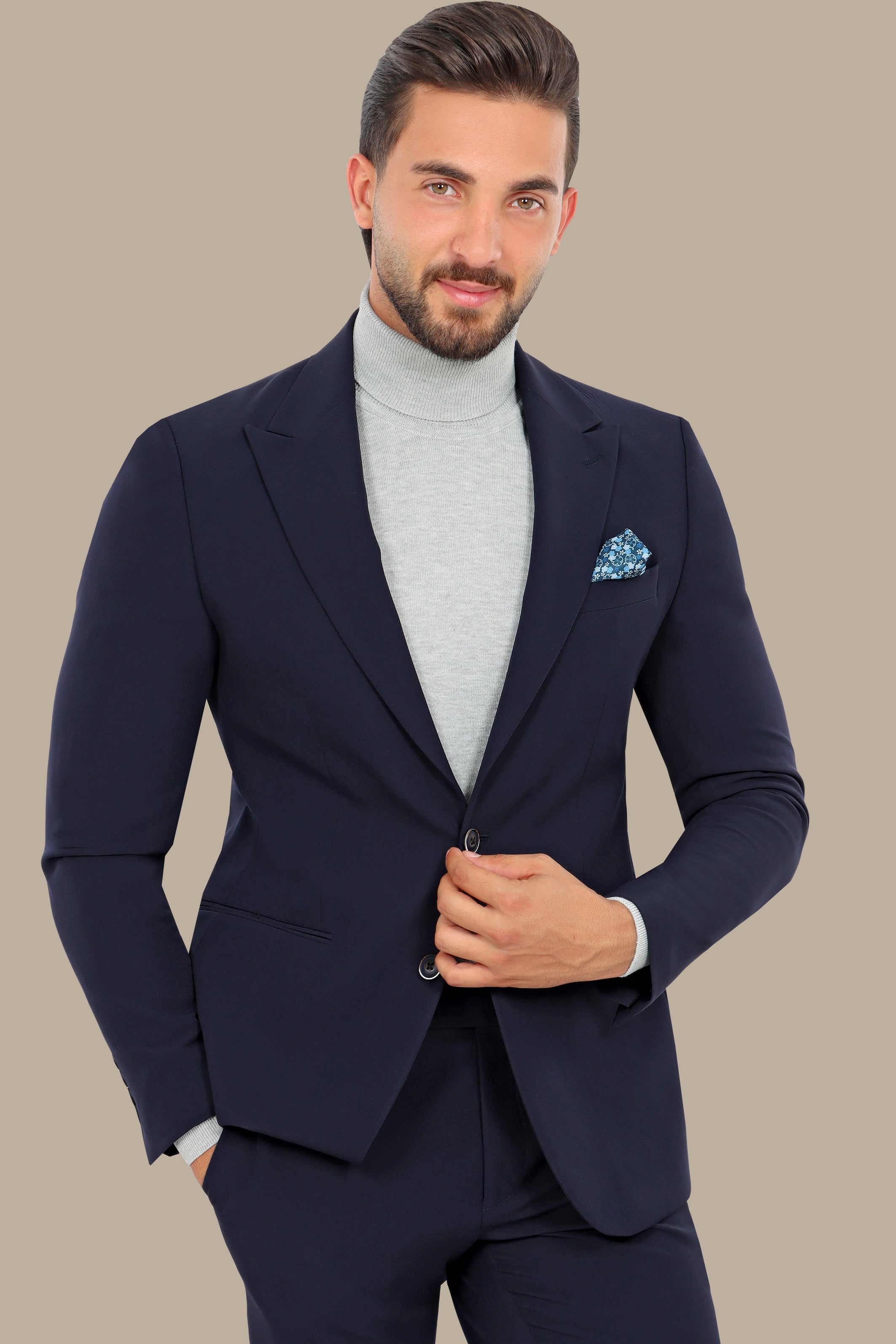 Navy Peak Lapel Suit with Side Belt Pants