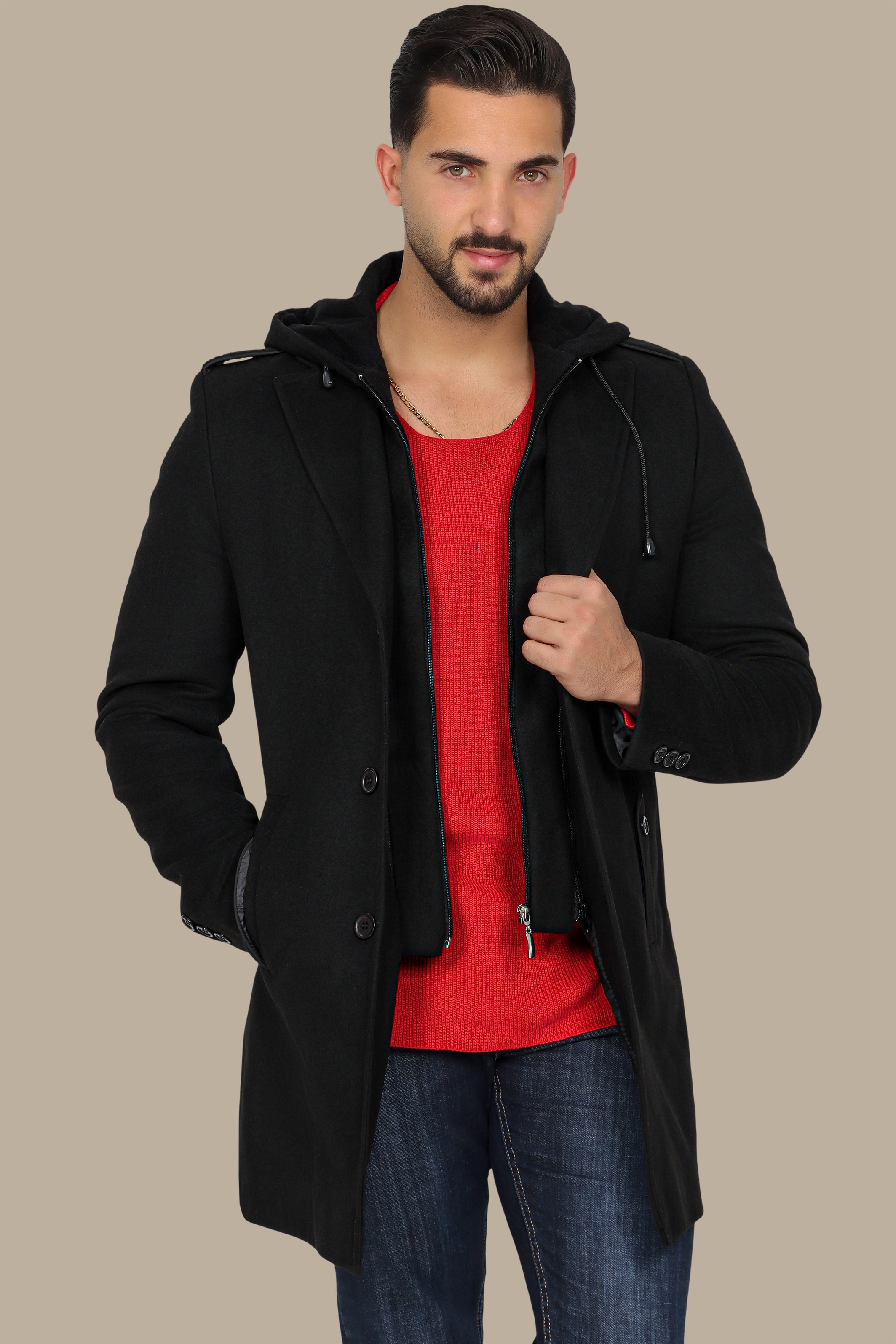 Black Hooded Military Coat