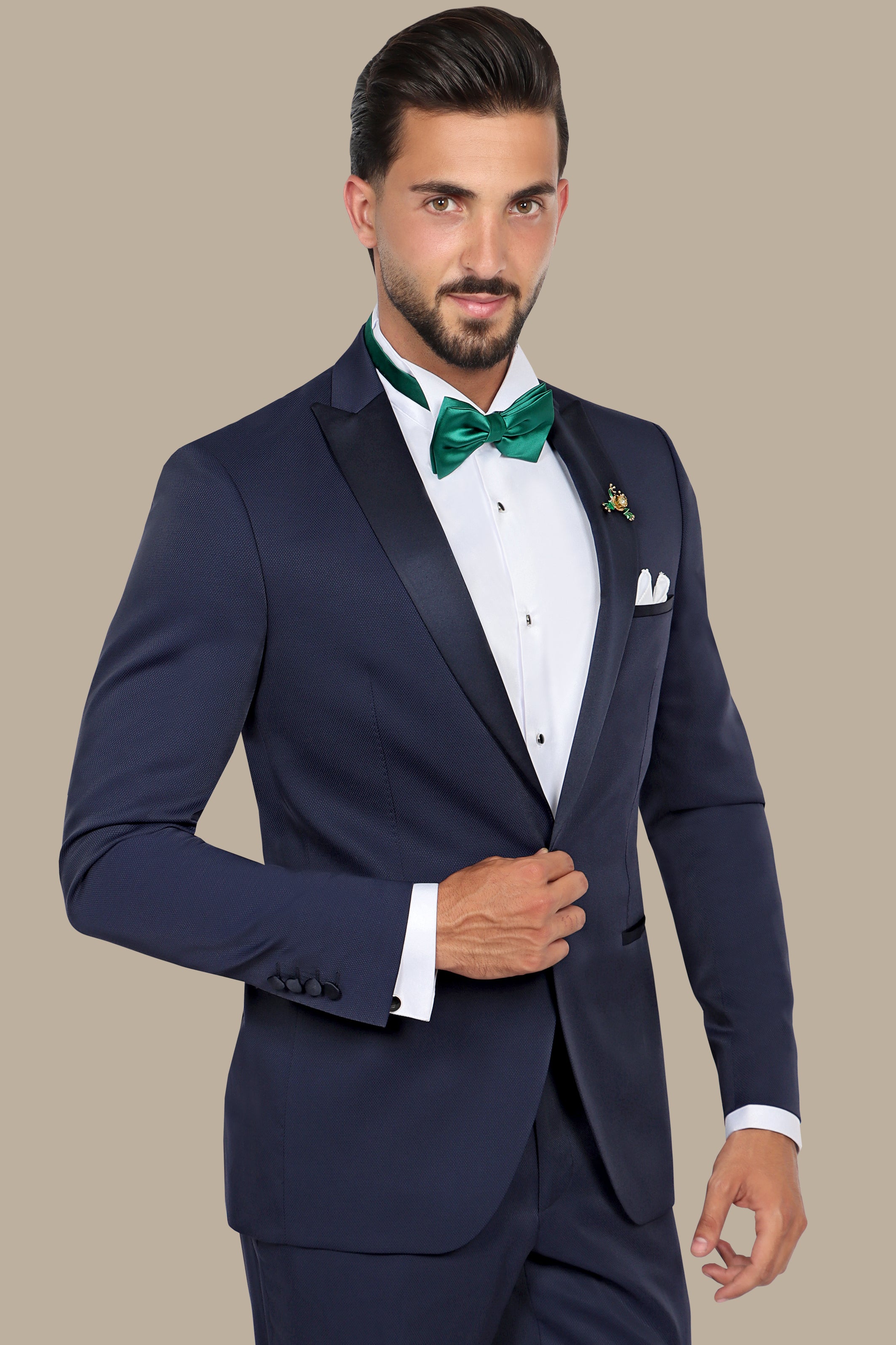 Midnight Elegance: Navy Tuxedo with Peak Lapel