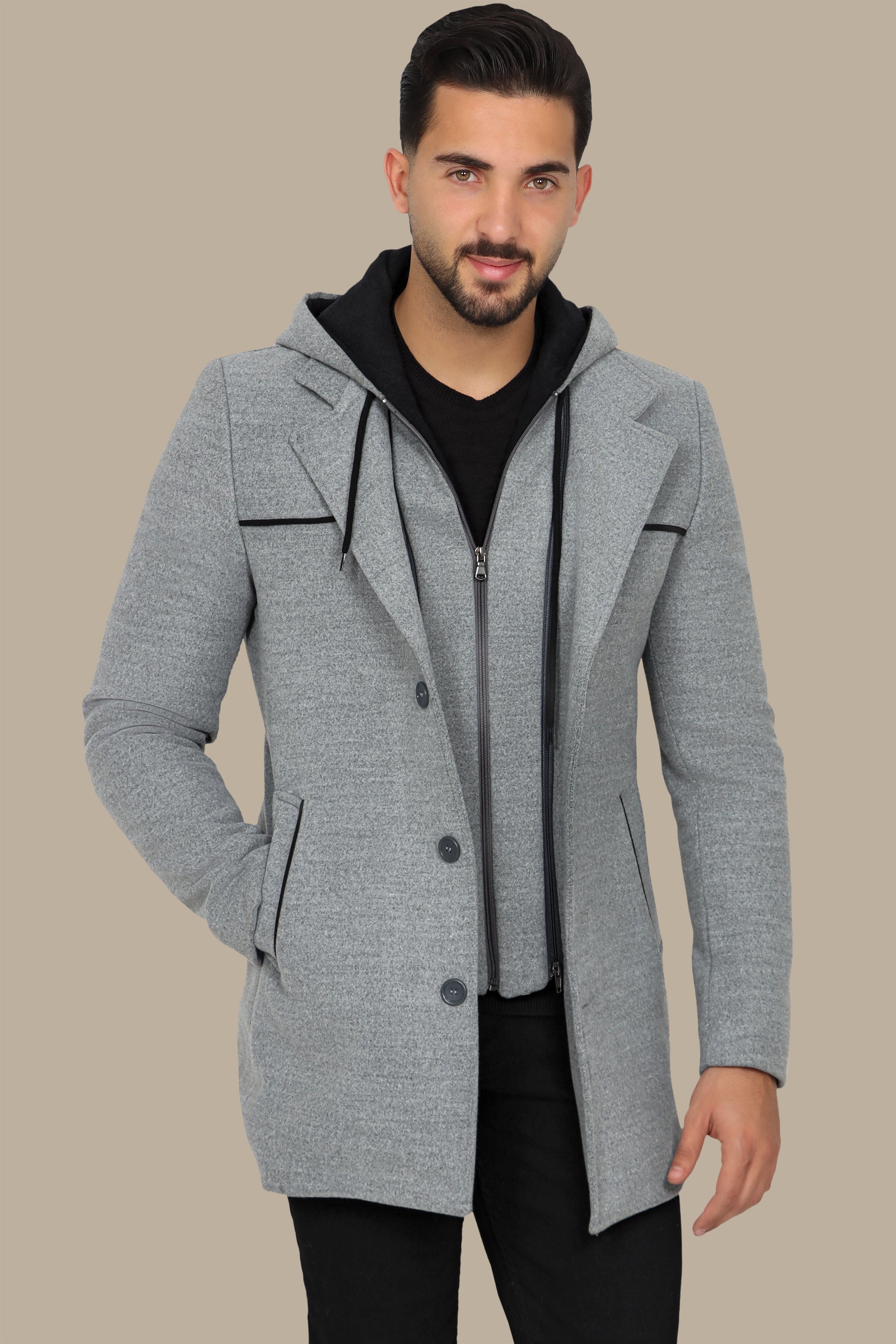 Light Grey Coat with Detachable Hoodie