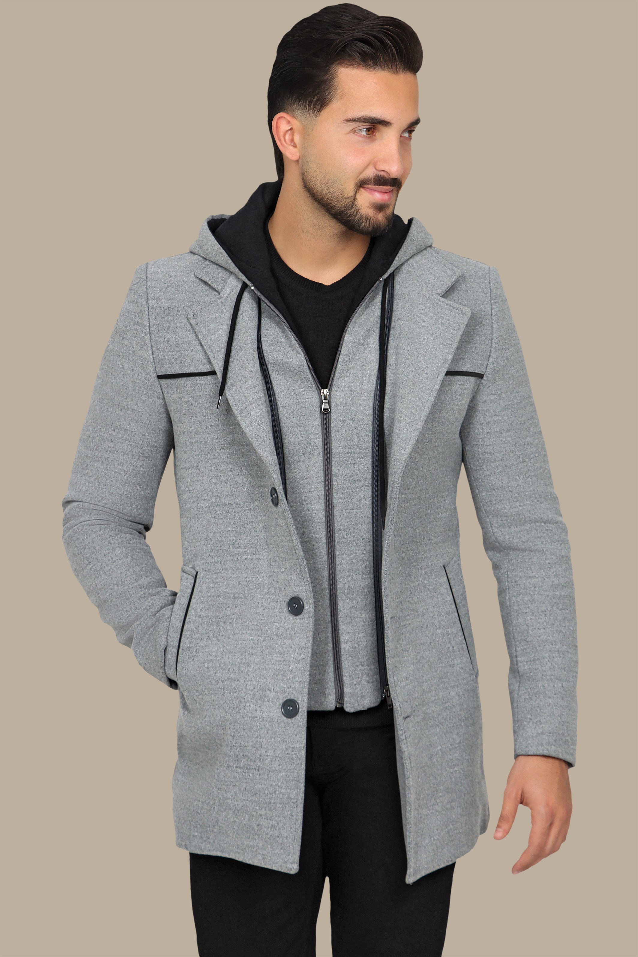 Light Grey Coat with Detachable Hoodie