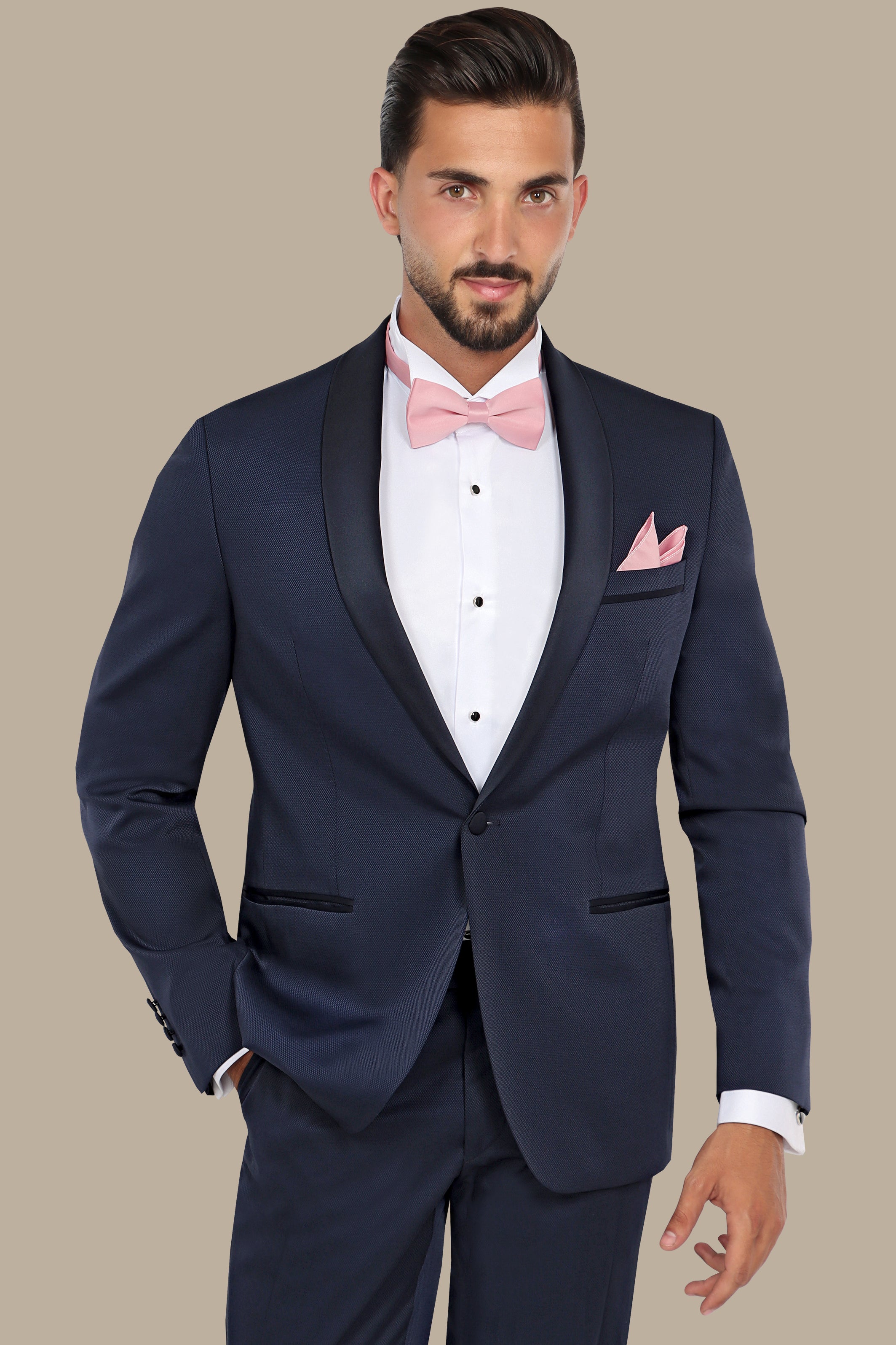 Refined Charm: The Navy Piqué Tuxedo with Shawl Collar