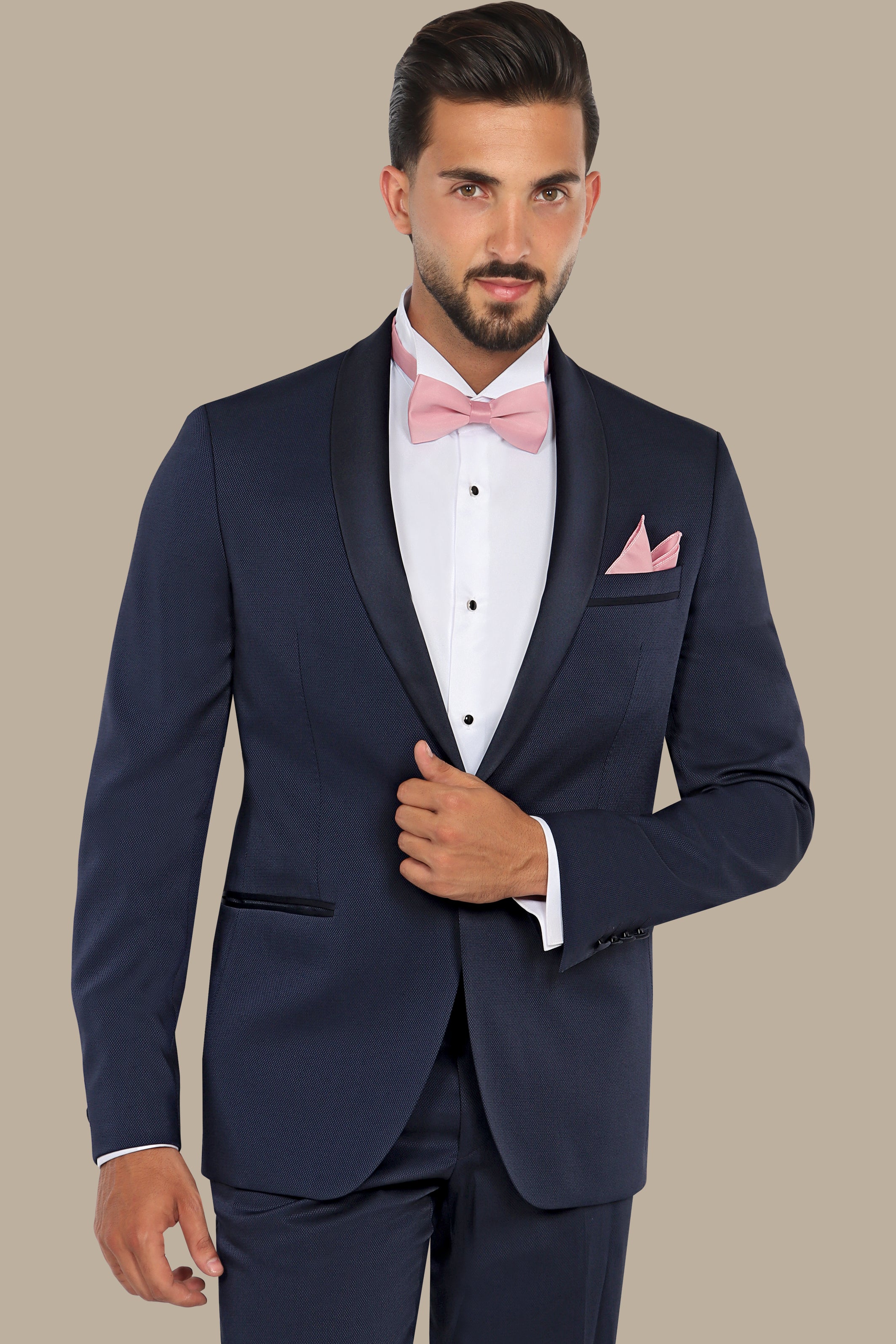 Refined Charm: The Navy Piqué Tuxedo with Shawl Collar