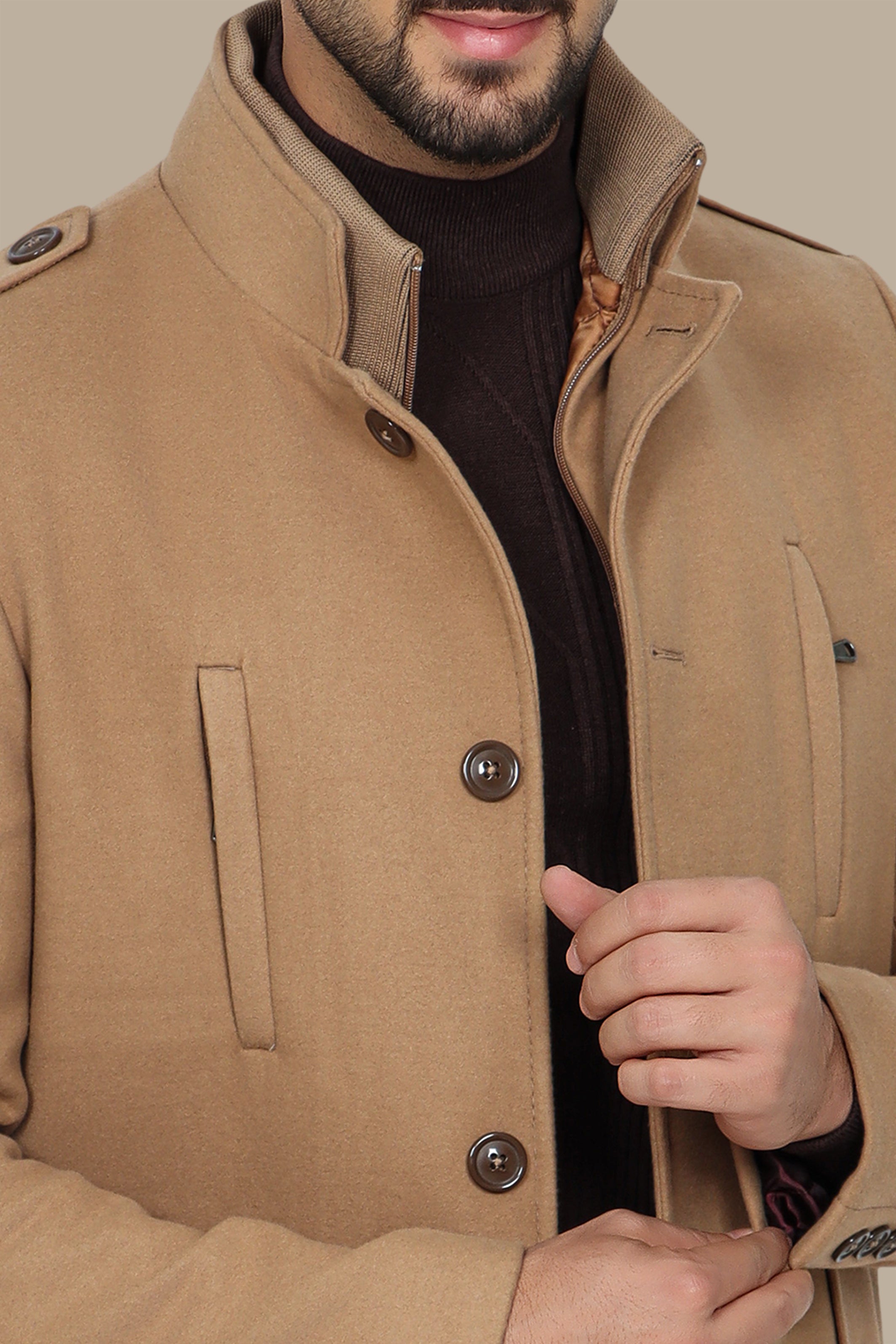 Beige Coat with Detachable Mao Collar