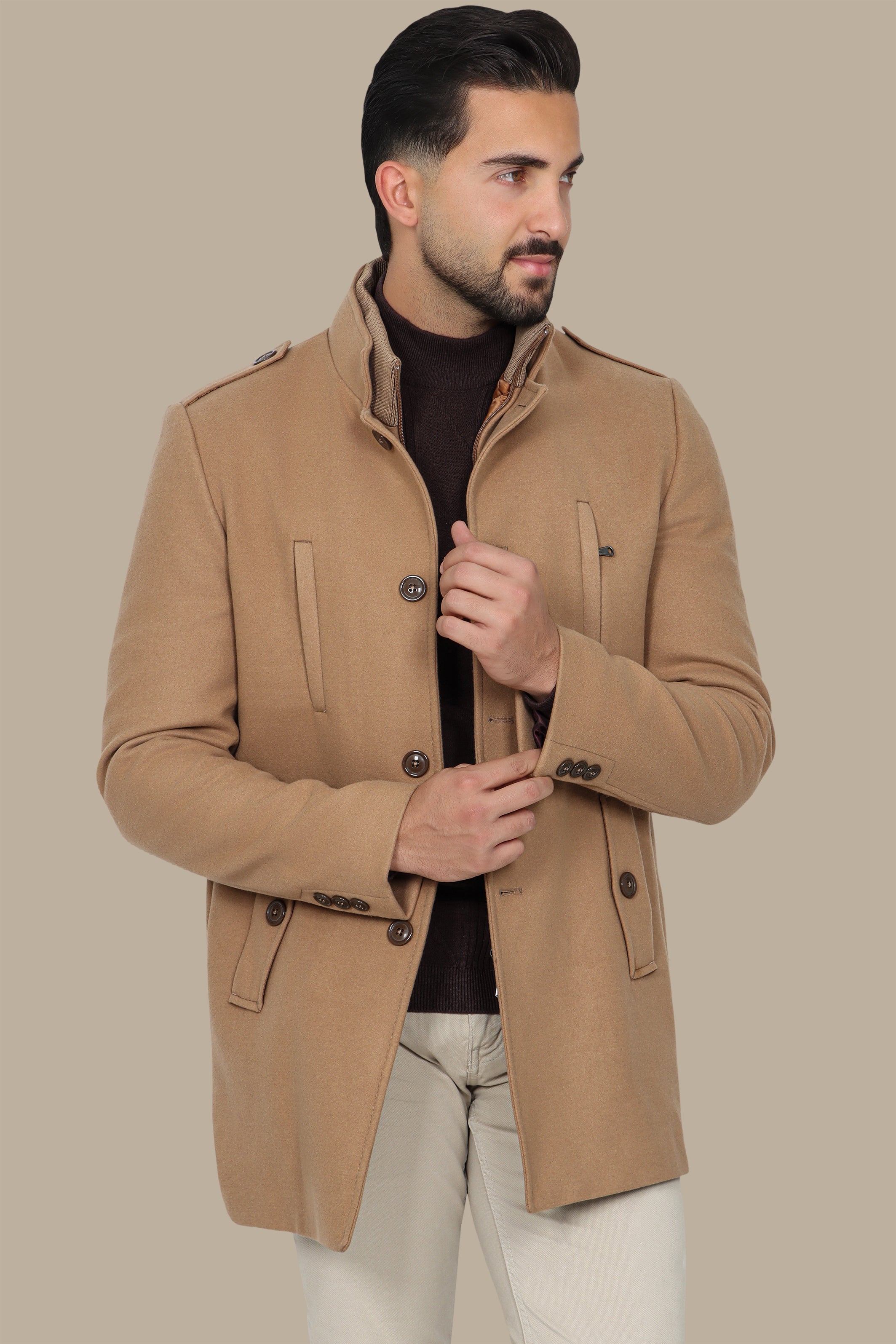 Beige Coat with Detachable Mao Collar